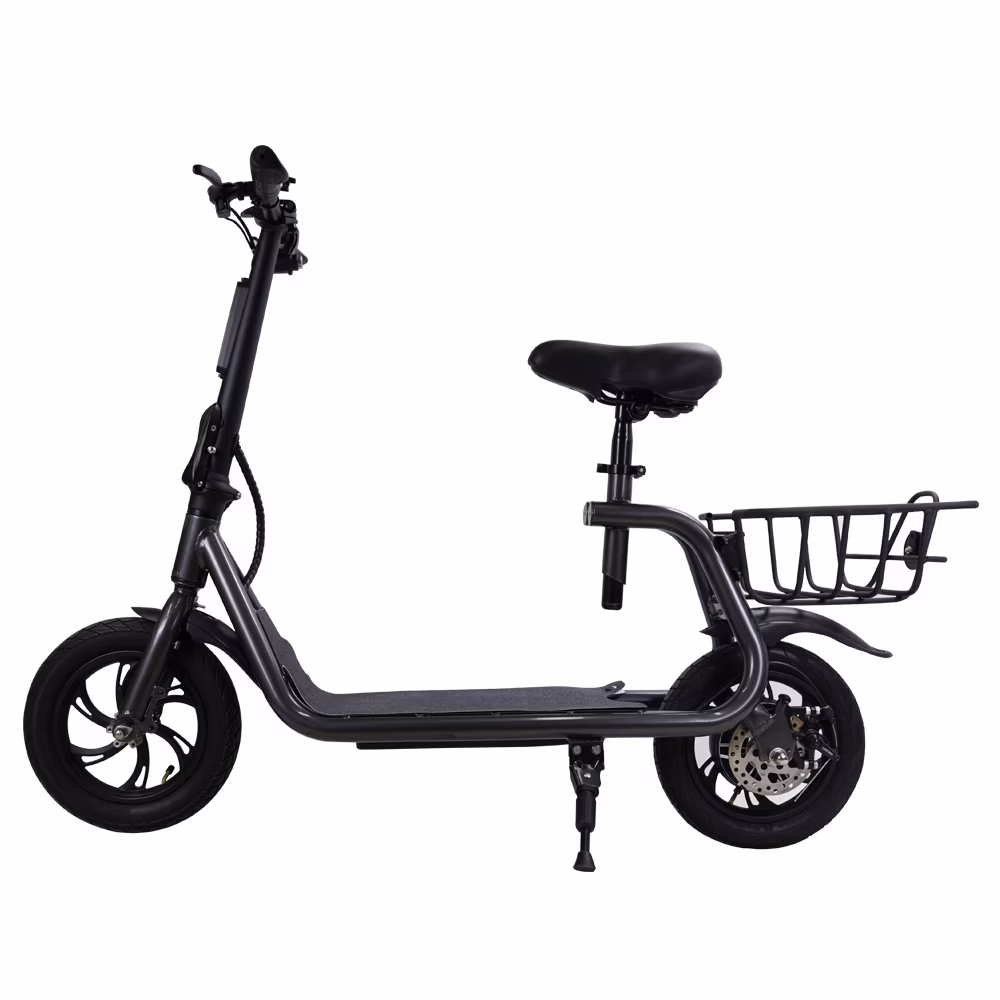 Electric Scooter Adult with Seat, 12 in Tires 350W Motor Foldable E - Bicycle with Basket Dual Disc Brakes