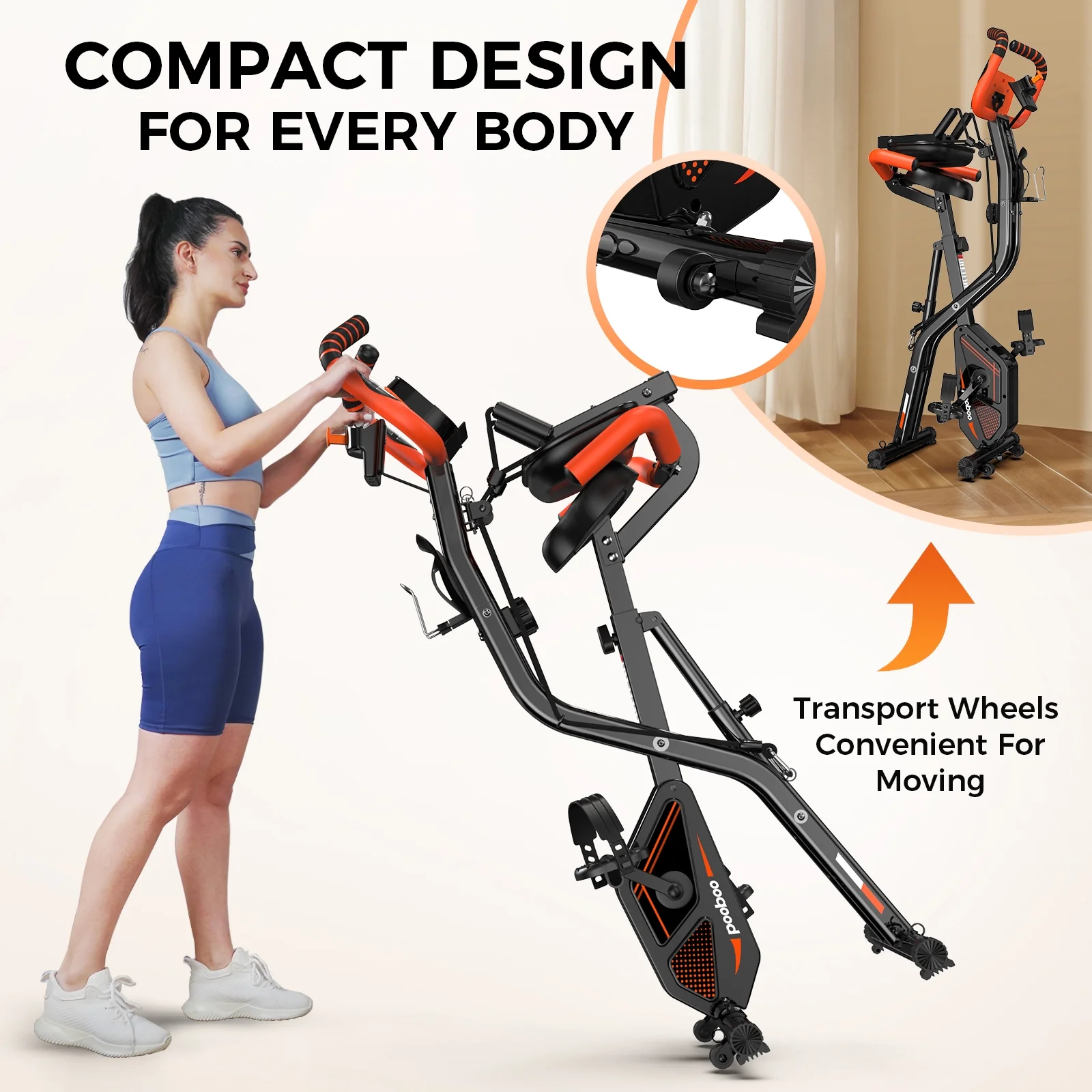 4-in-1 Exercise Bike, Foldable Stationary Bike, Tri-Position Indoor Cycling Bike with 8-Level Resistance, Arm Resistance Bands, Pulse Sensor Back Support Cushion for Home Gym Workout - Image 9