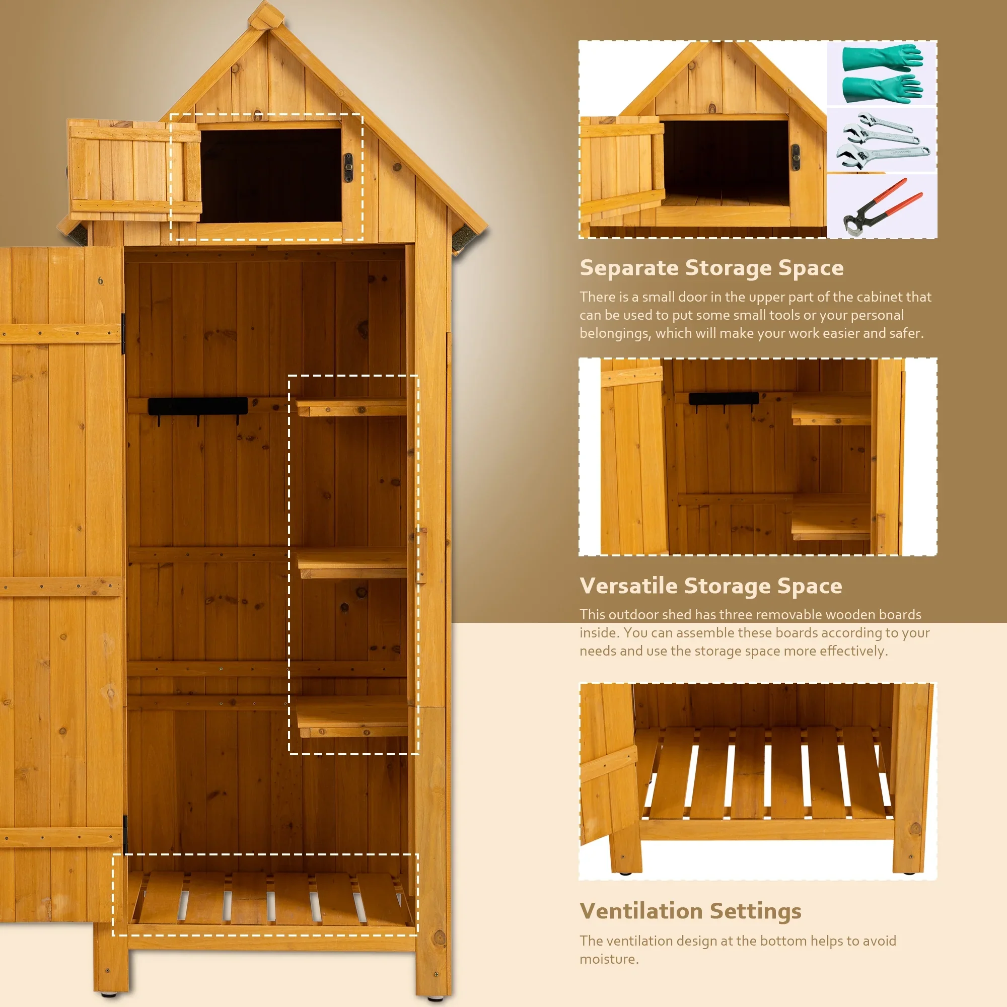 Miniyam 70.55 Outdoor Storage Shed, Garden Tool Storage Cabinet for Home Yard, Natural