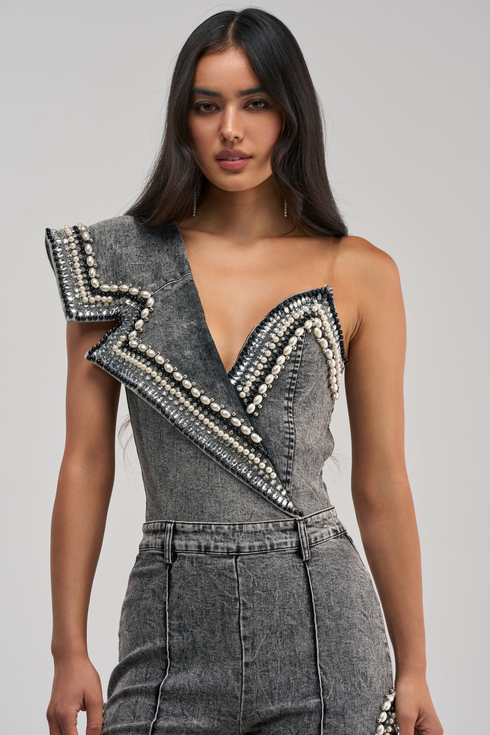 LUXURIOUS DENIM ASYMMETRICAL PEARL BODYSUIT IN GREY - Akira Store