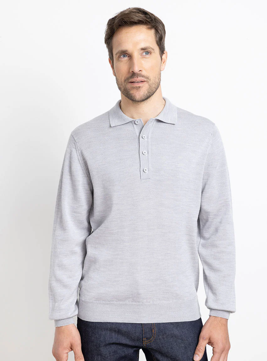 Pull homme col polo en laine gris givré