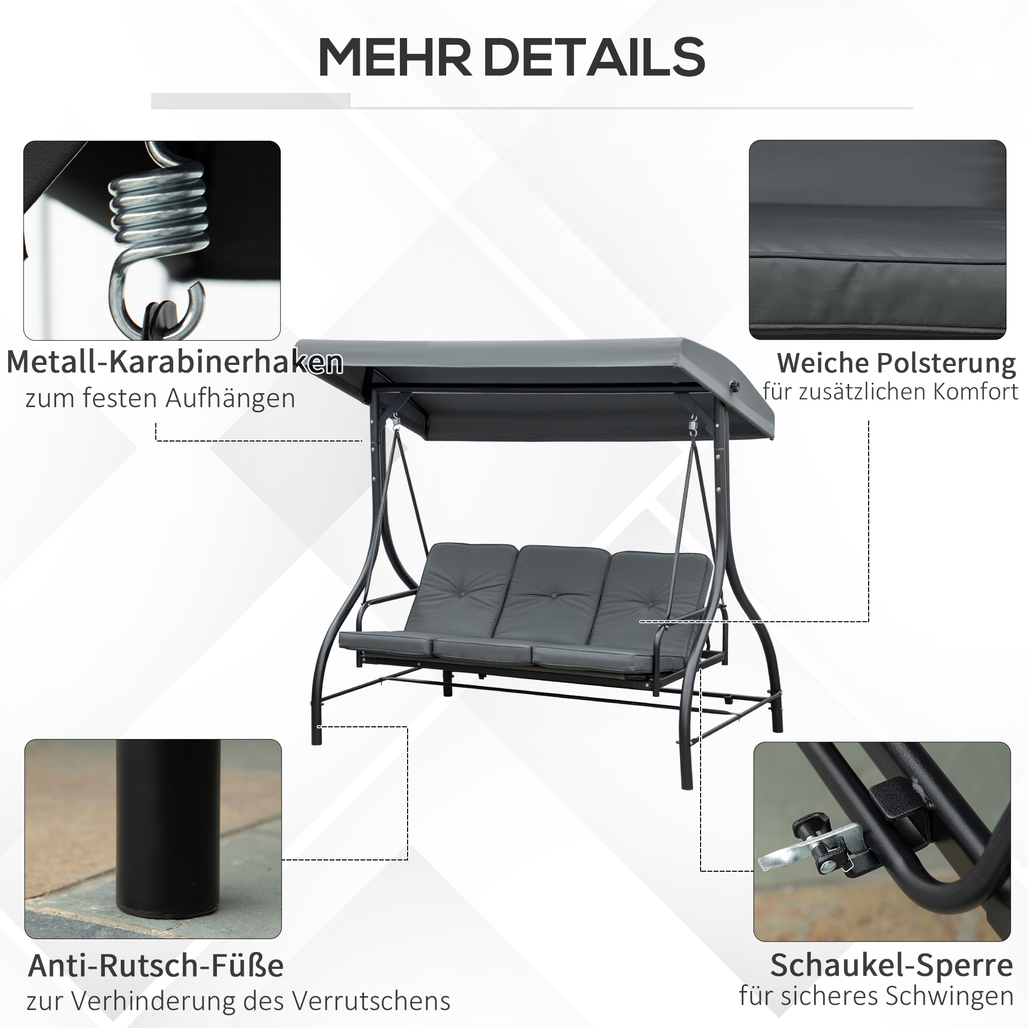 Outsunny Schommelbank Hollywoodschommel met Zonwering, Tuinschommel, Verandaschommel, 3 Zitplaatsen, Schommelbed