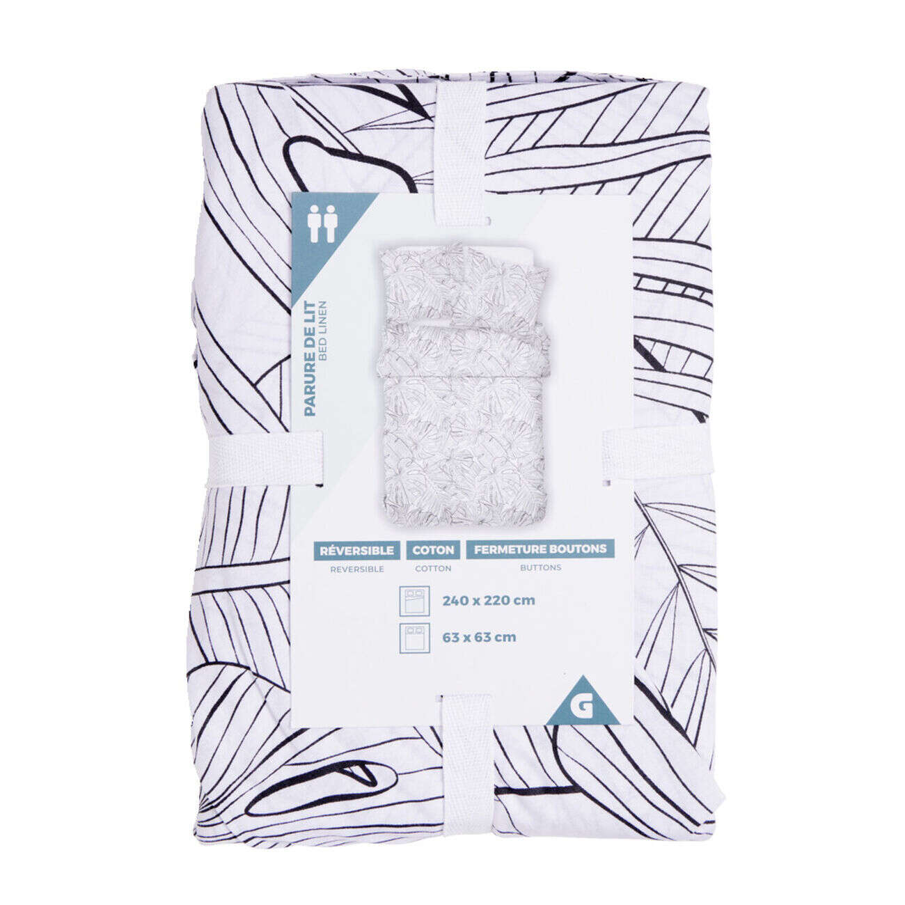 Parure de lit 2 personnes 240x220cm coton motif feuillage blanc et noir