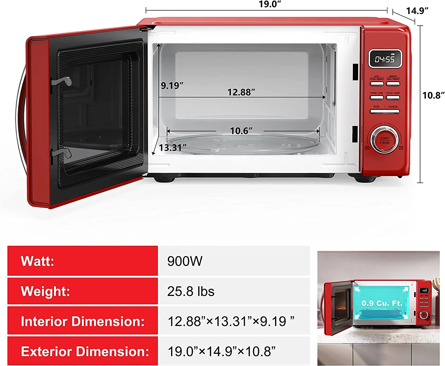 Galanz GLCMKZ09RDR09 Retro Countertop Microwave Oven with Auto Cook & Reheat, Defrost, Quick Start Functions, Easy Clean with Glass Turntable, Pull Handle, 0.9 cu ft, Red