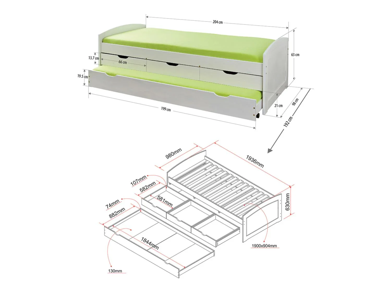 Inter Link Lit banquette 3 tiroirs, 205 x 63 x 96 cm