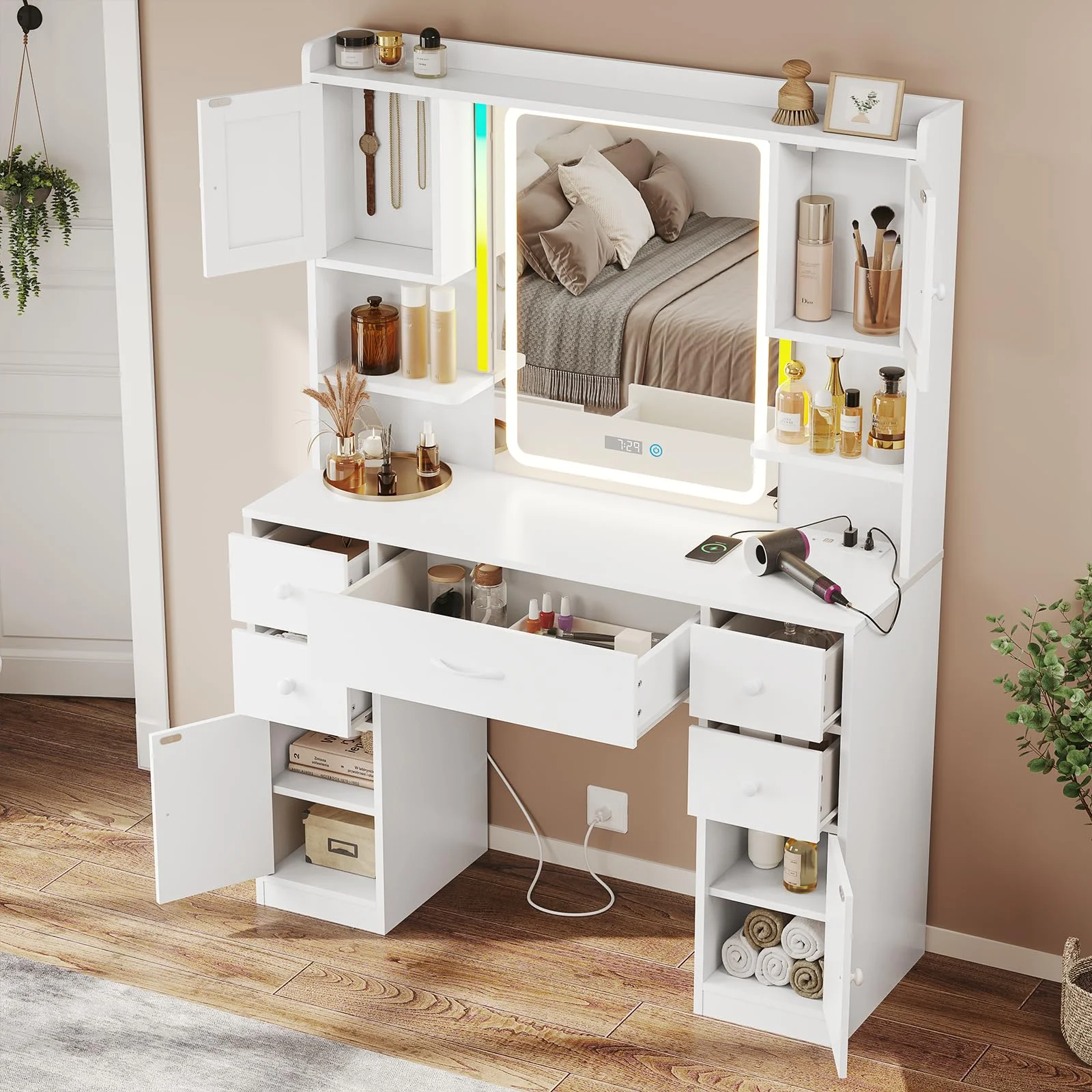 Large Vanity Desk with Lighted Mirror, 5 Drawers Makeup Vanity with Charging Station and Smart Mirror, White(White) - Image 9