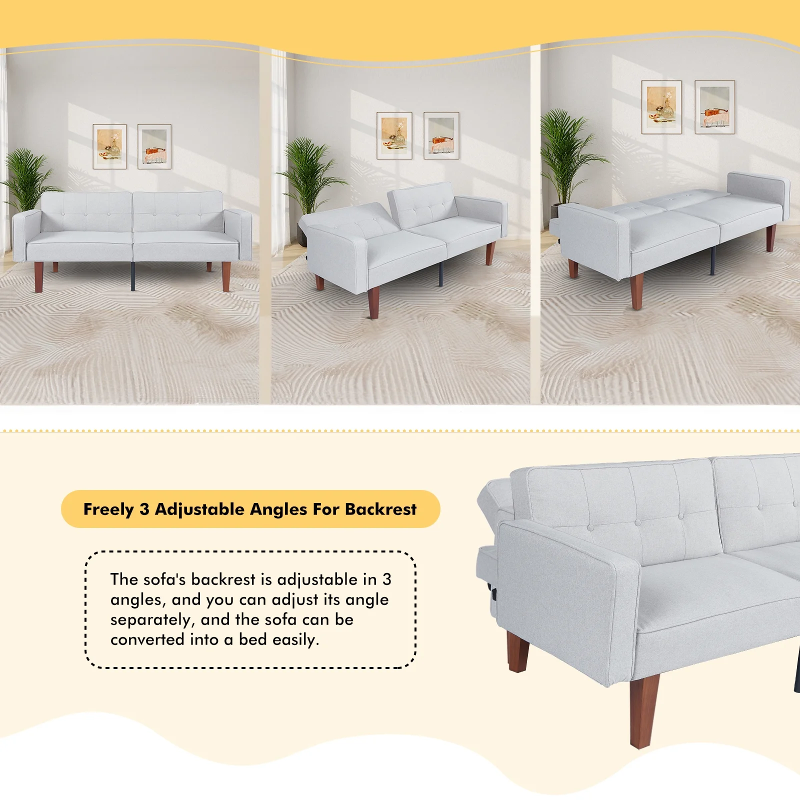 Sofa Bed, Convertible Memory Foam Futon Couch, Adjustable Sleeper Sofa Bed for Living Room, Gray(Gray1) - Image 4