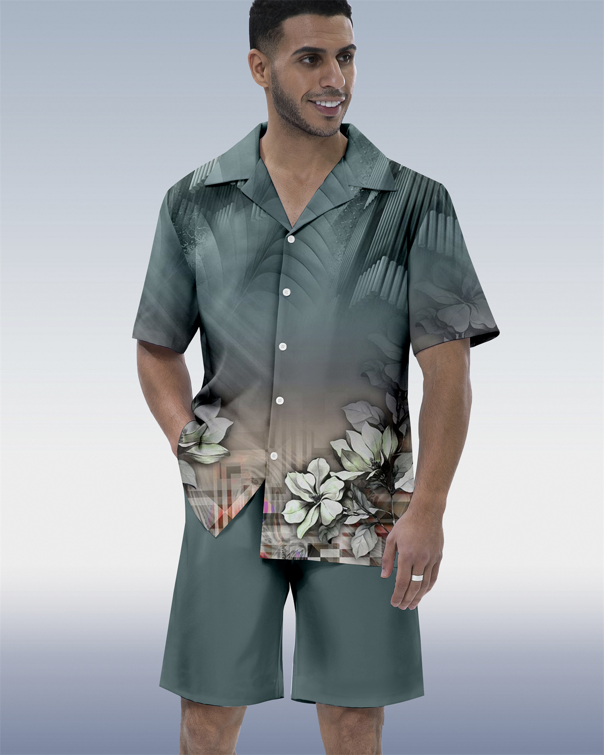 Costume hawaïen à manches courtes pour homme, imprimé ethnique ombré contrasté 071