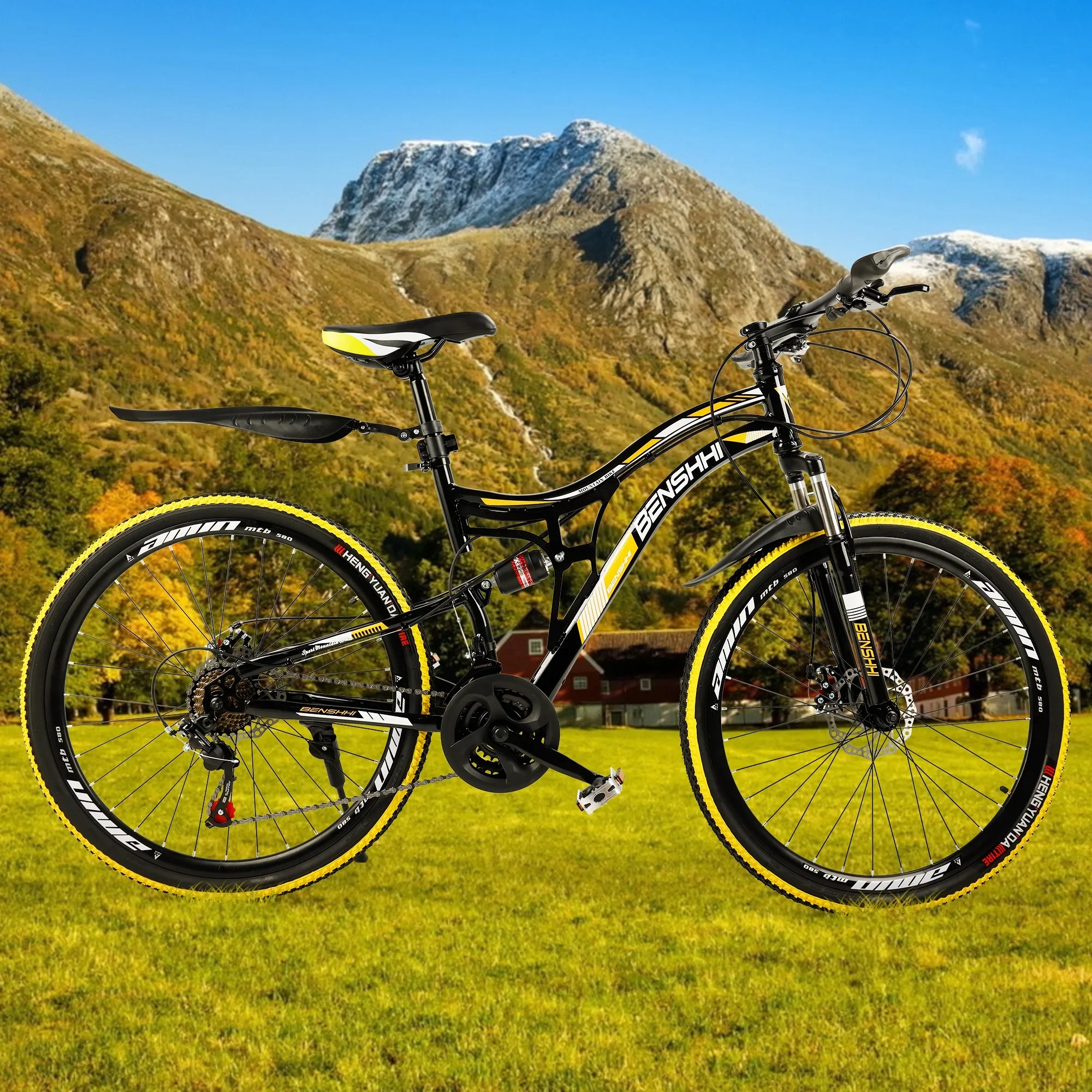 ARTUDATECH Full Suspension Mens Mountain Bike, Shimano 21 Speed, 26 Inch Wheel, Dual Disc Brake Bike for Men Womens Teen Adult Bicycle Thumb Shifter With Bike Lock And Air Pump