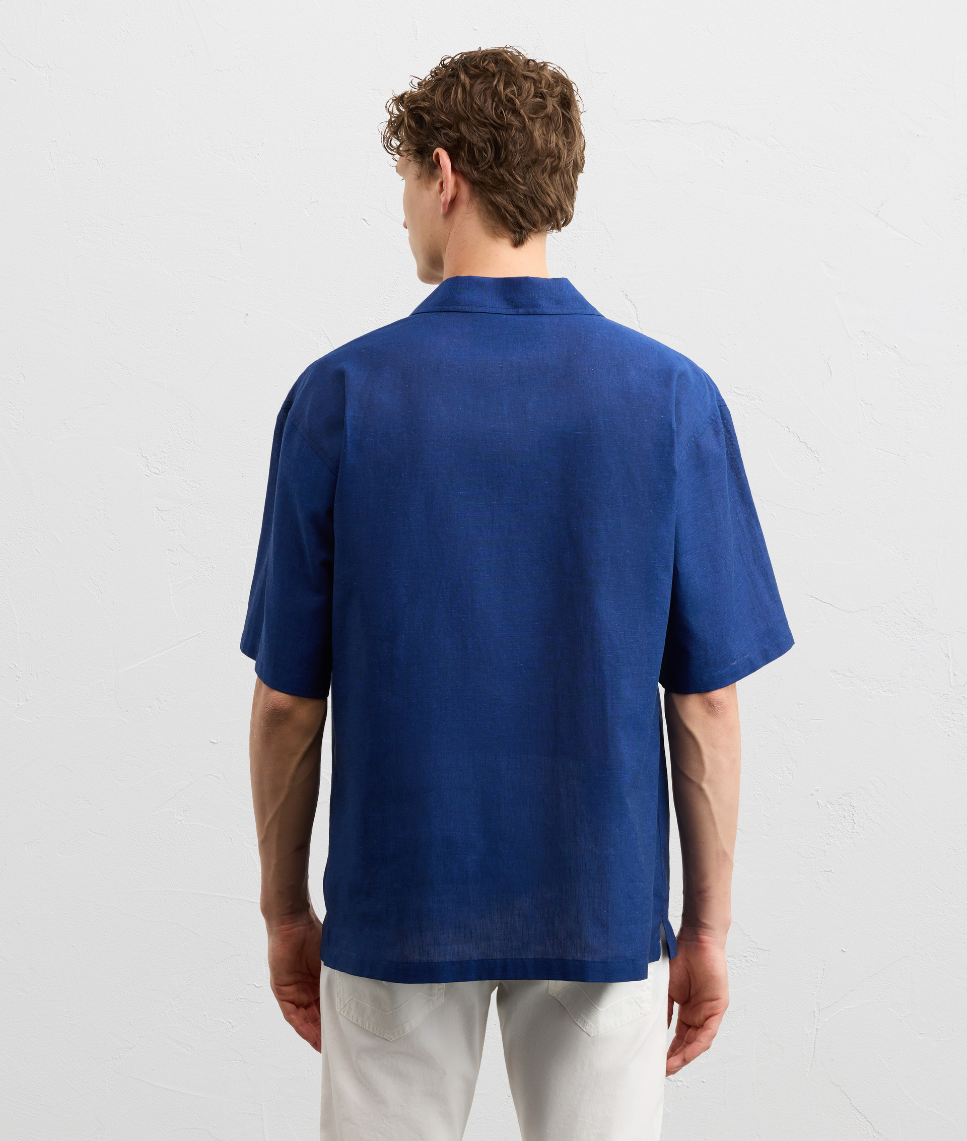 BLUE LINEN AND COTTON SHIRT WITH PANAREA COLLAR AND SHORT SLEEVES