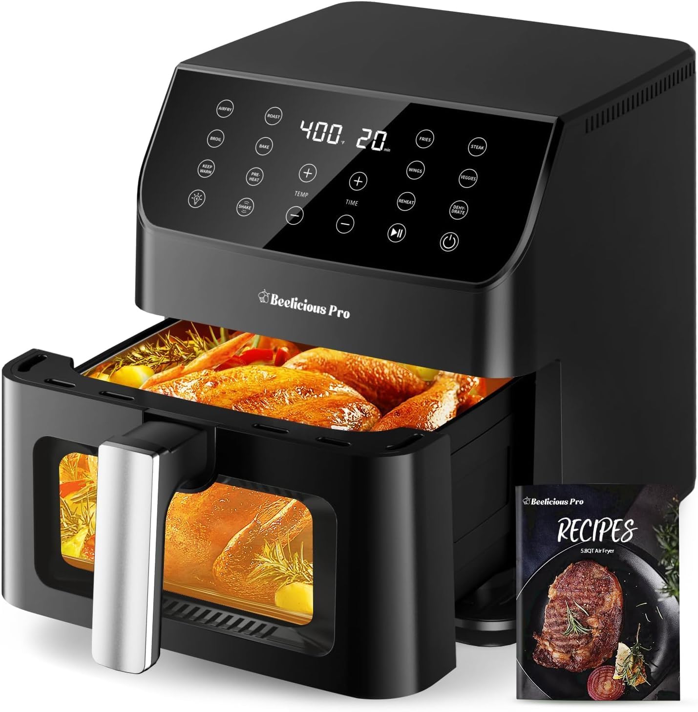 Beelicious Large AirFryer Machine, 12-in-1 Digital Airfryer with Window, Dishwasher Safe, 5.8Qt, 40+ Recipes, Flavor-Lock Tech, Shake Reminder, Compact, Quiet, Nonstick Air Fryers Black
