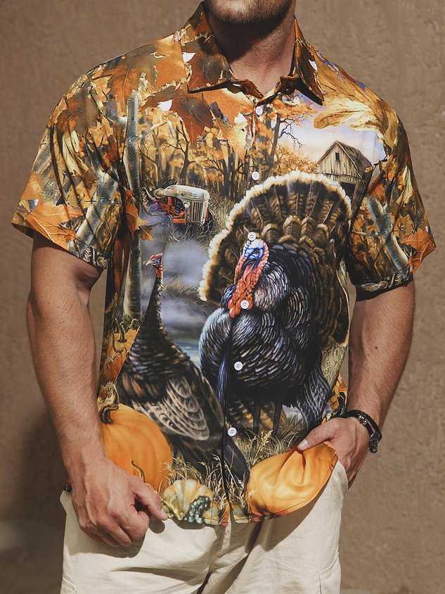 Chemise hawaïenne décontractée à manches courtes pour homme, imprimée dinde de Thanksgiving, avec poche poitrine