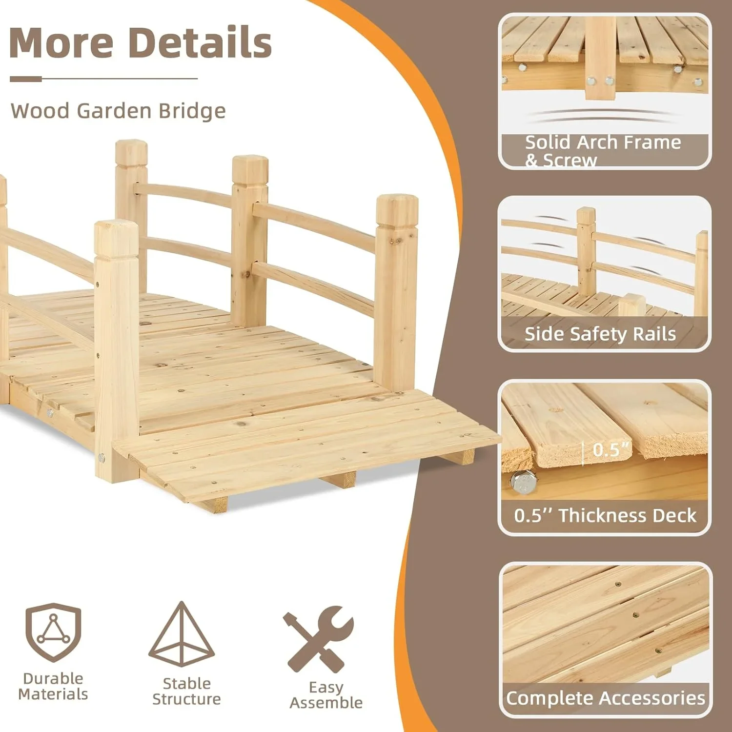 Classic Wooden Garden Bridge �C Arch Footbridge with Safety Railings