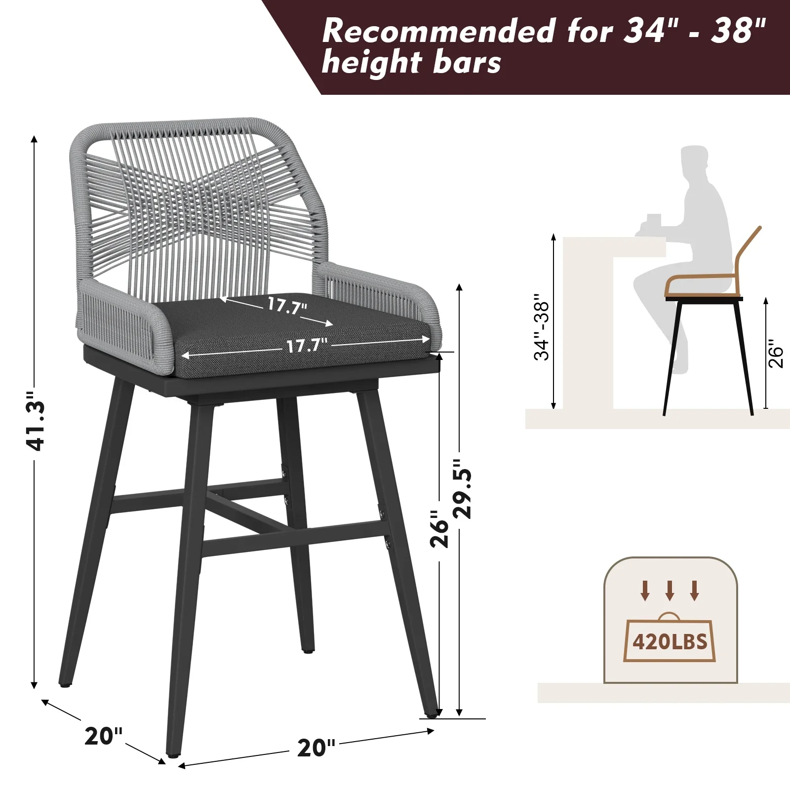 MEISSALIVVE Set of 2 Rattan Swivel Bar Stools, 26 Counter Height with Woven Rope Back, Cushioned Patio Bar Chairs for Kitchen, Garden, Beige