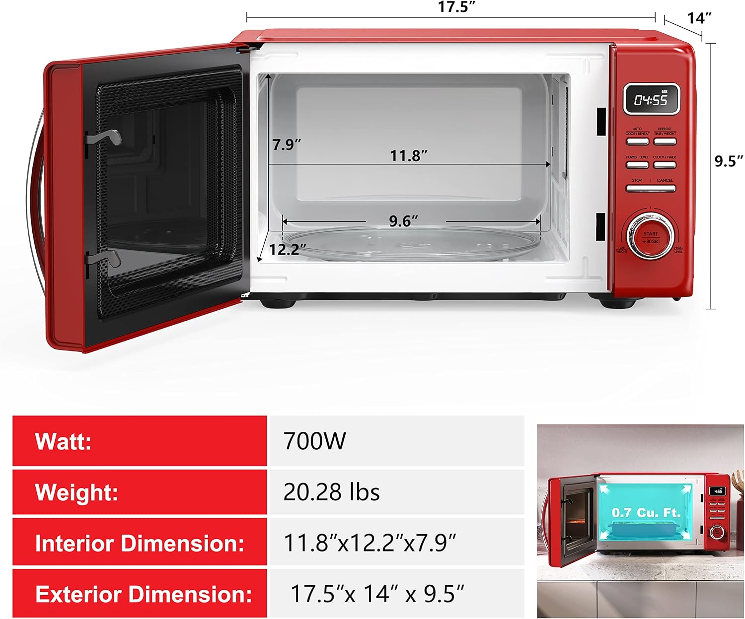 Galanz GLCMKZ07RDR07 Retro Countertop Microwave Oven with Auto Cook & Reheat, Defrost, Quick Start Functions, Easy Clean with Glass Turntable, Pull Handle. 7 cu ft, Red