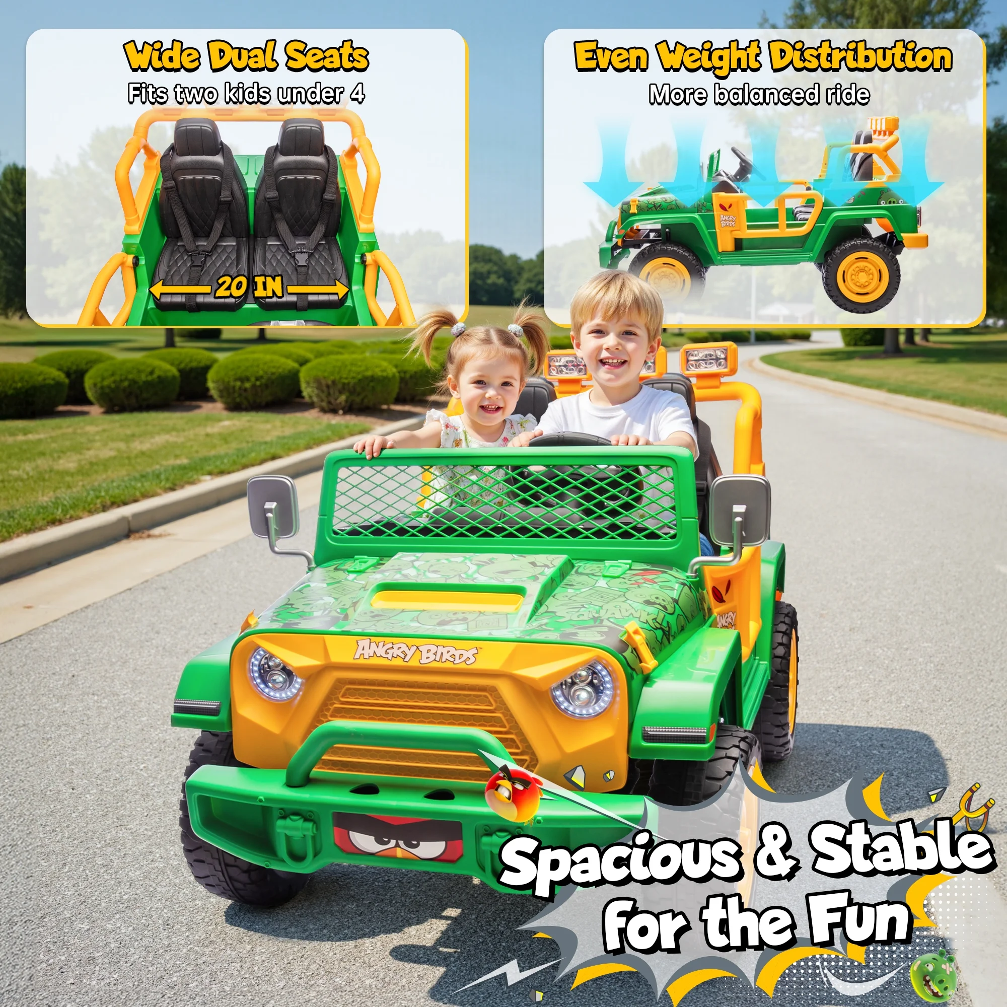 24 Volt Ride on Toys for Big Kids, Licensed Angry Birds Ride on Truck with Remote, 2 Seater 4WD Electric Ride ons with Shovel, Bluetooth, Lights, Power Car Wheels for 3-8, 130lbs, Green(Green) - Image 7