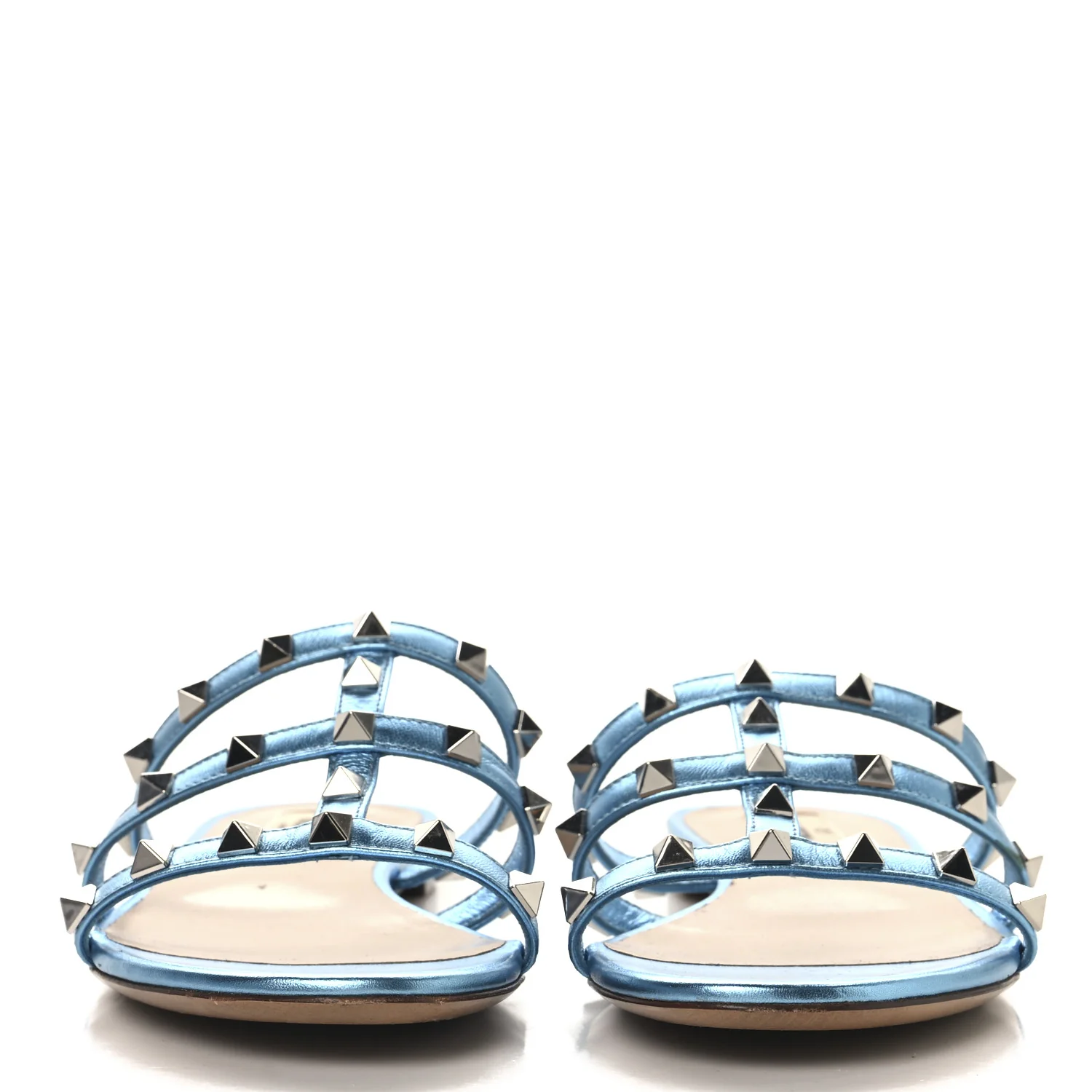 Metallic Nappa Rockstud Caged Flat Slide Sandals 37 Cerulean