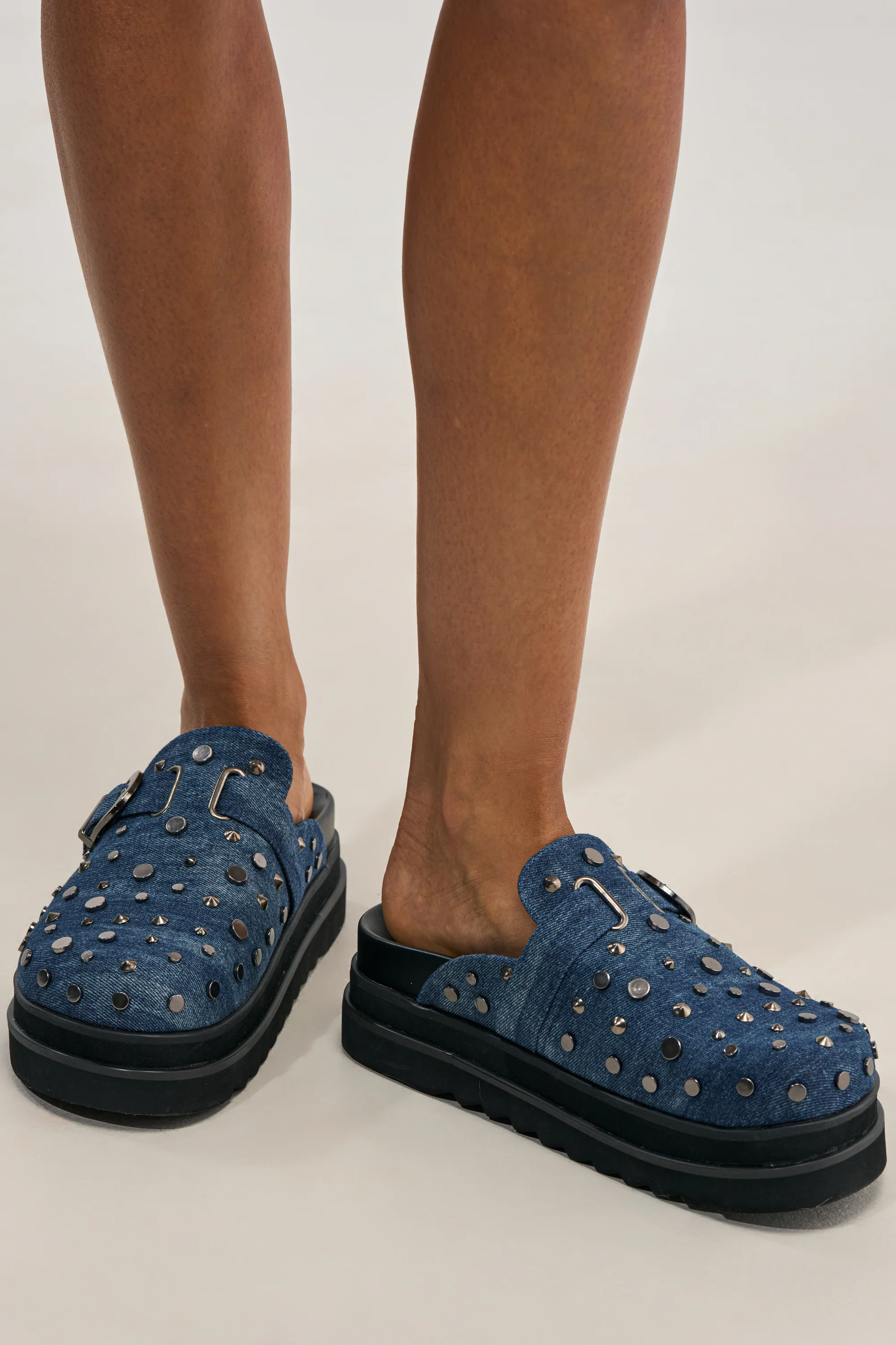 AKIRA GOLD BILLIANNA DENIM FLAT CLOG WITH HARDWARE - Akira Store