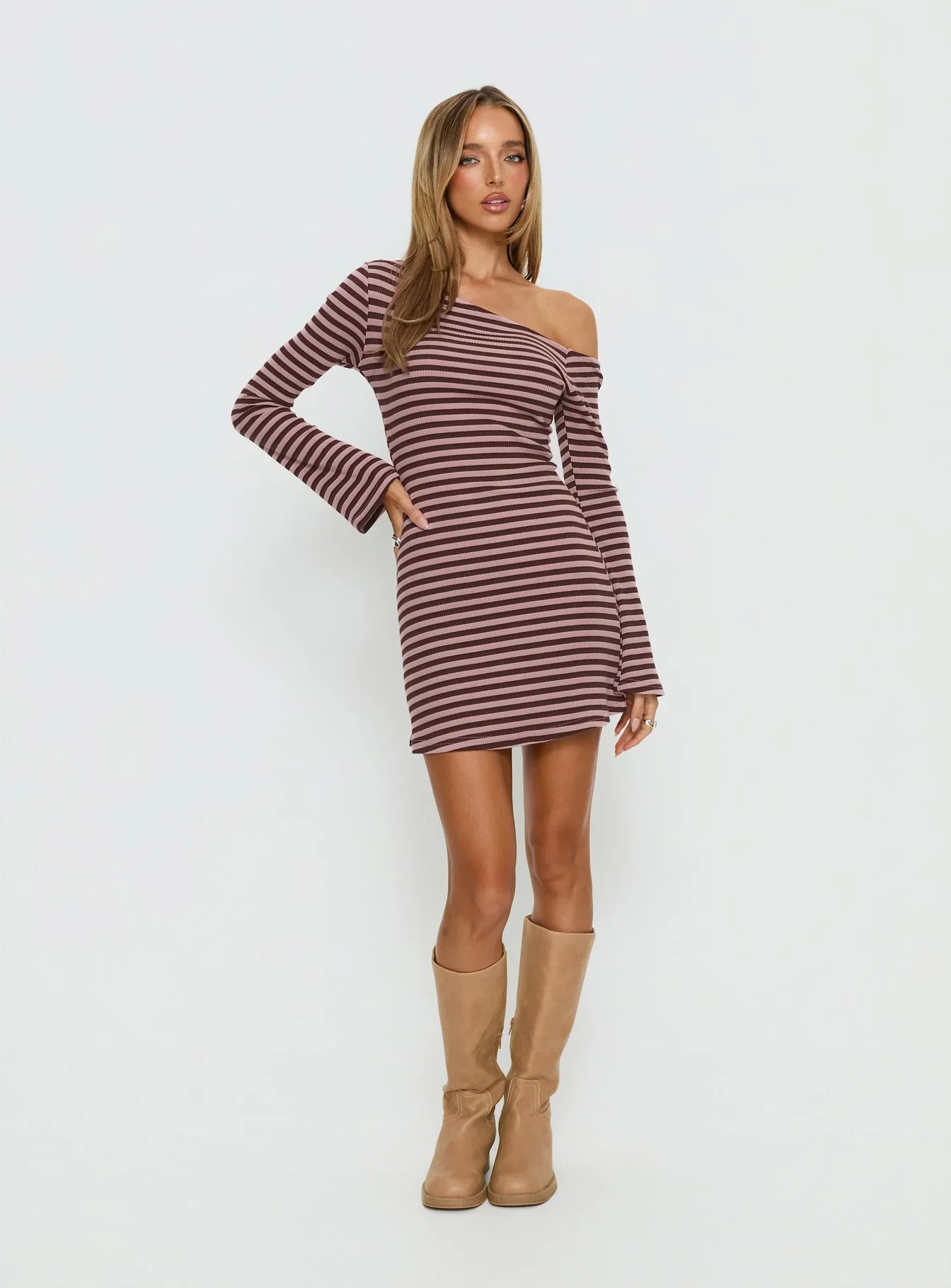 Adrietta Long Sleeve Off Shoulder Mini Dress Chocolate Pink Stripe