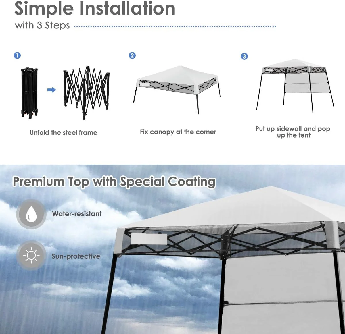 7x7 Ft Pop Up Canopy, Slant Leg Outdoor Tent with Carry Bag 4 Stakes, Compact Portable Canopy Tent for Hiking Camping Fishing Picnic, 7x7 Base, 6x6 top(7' x 7'/White) - Image 4