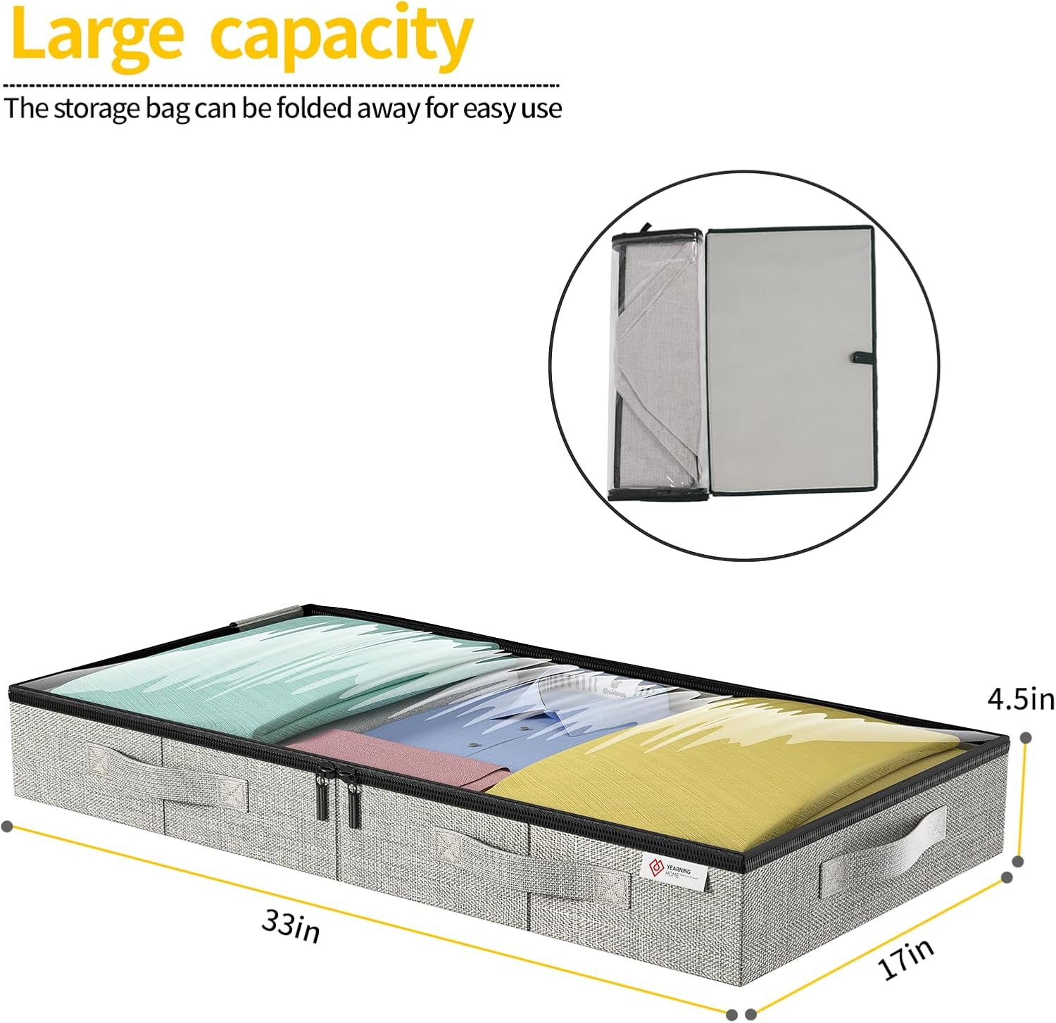 4.5 Inches Under Bed Storage Containers with Sturdy Side Walls/Bottom and Reinforced Handles, Low-Profile Underbed Storage for Clothes, Shoes, Pillows and Blankets with Zippers and Clear Windows, 4 Pack