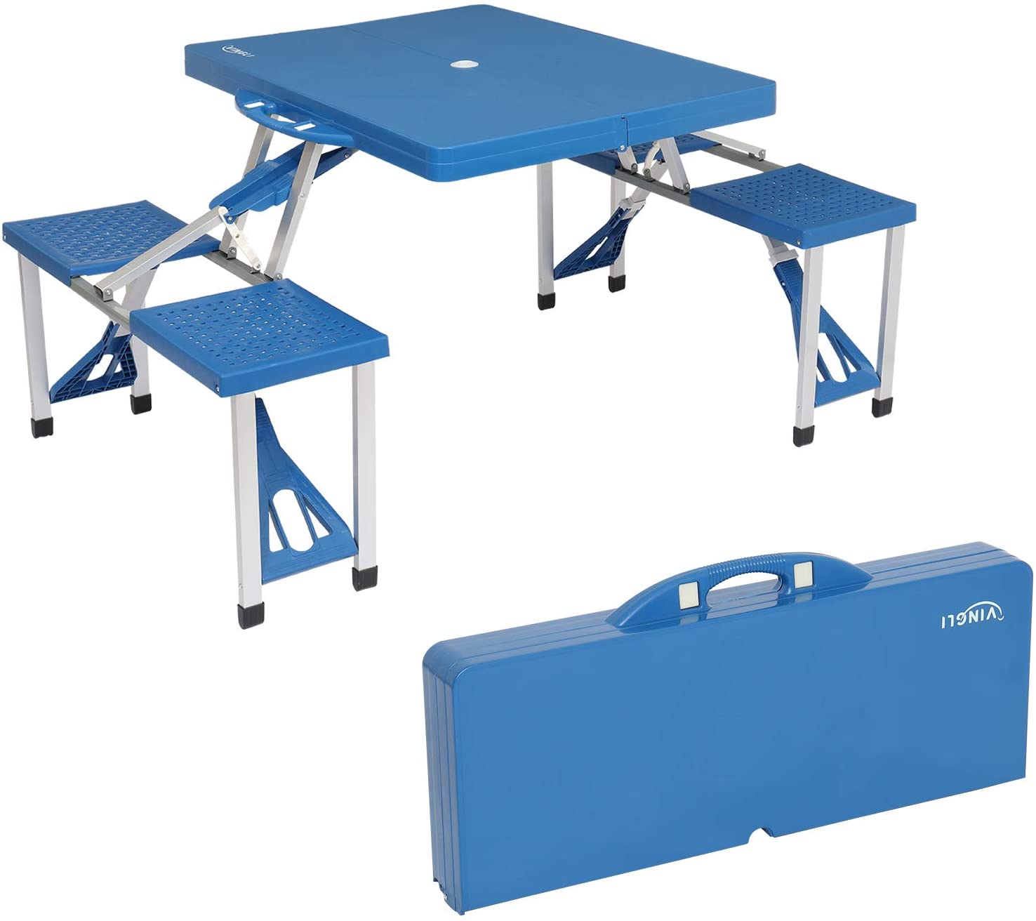 Ensemble table de pique-nique de camping pliable et portable de 1,20 m (4 pi), supportant jusqu'à 100 kg (220 lb), 4 places, cadre en aluminium bleu