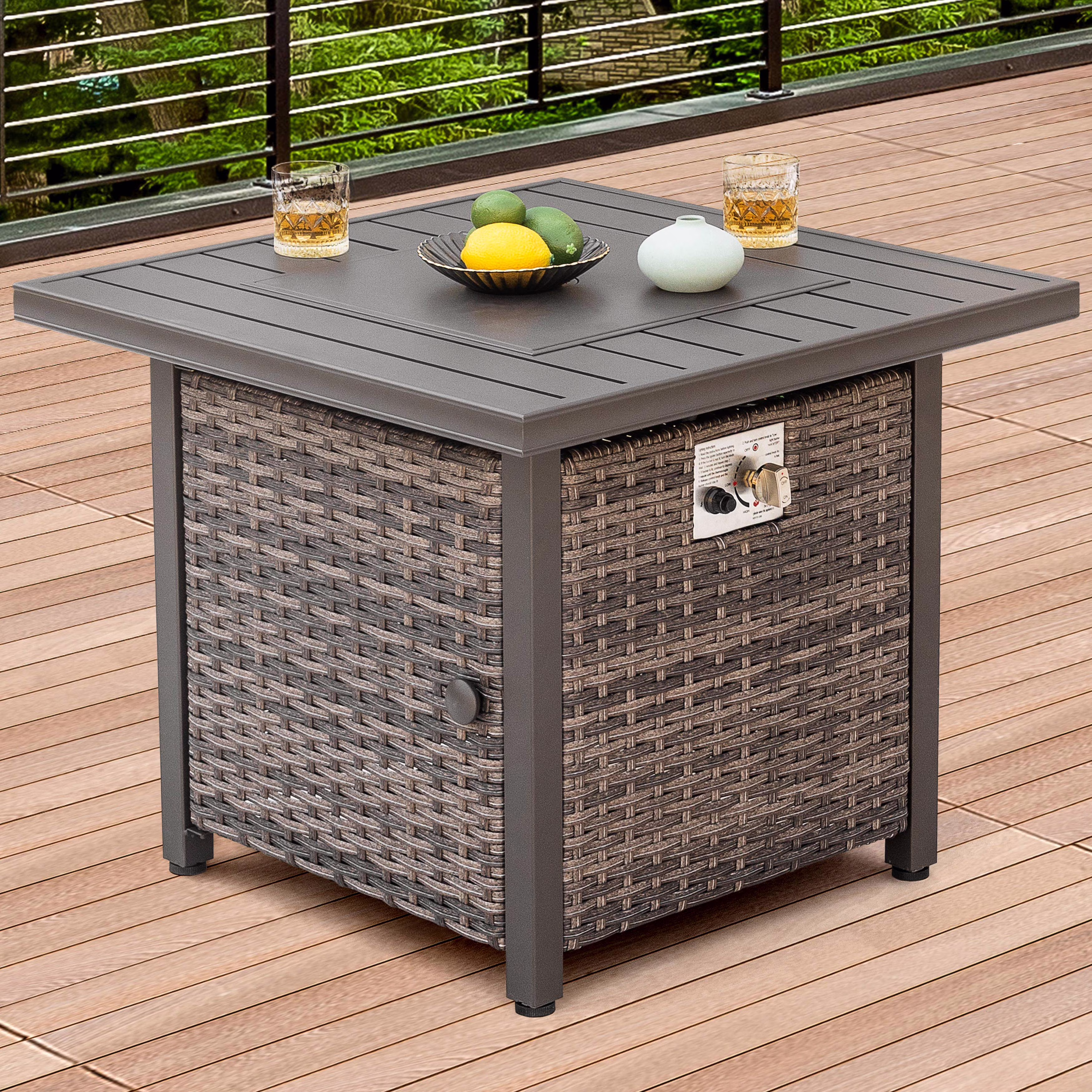 Nuu Garden Square 30 Outdoor Propane Fire Pit Table, 50,000 BTU Gas Fire Pit with Lid, Hand-Woven Wicker, with Glass Beads and CSA Certification