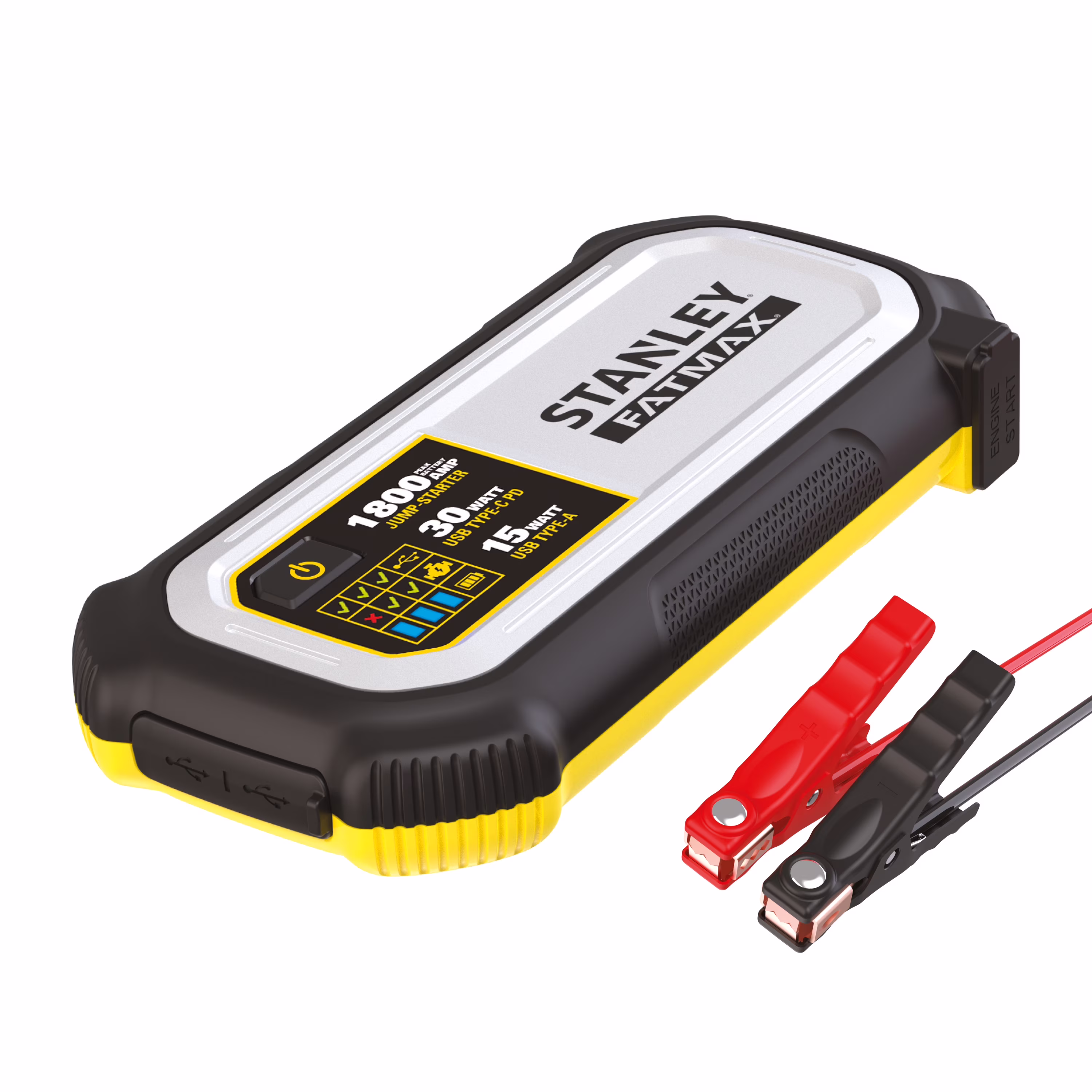 Stanley Fatmax 1800A Lithium Jump Starter with 30W USB - C - PD in/Out and 15W USB - A Out, Includes Clamps