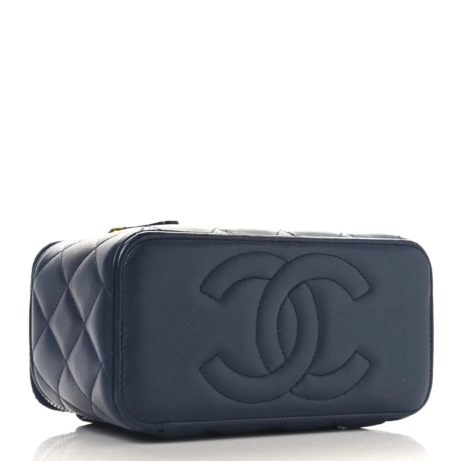 Lambskin Quilted Metal Small Top Handle Vanity Case With Chain Blue