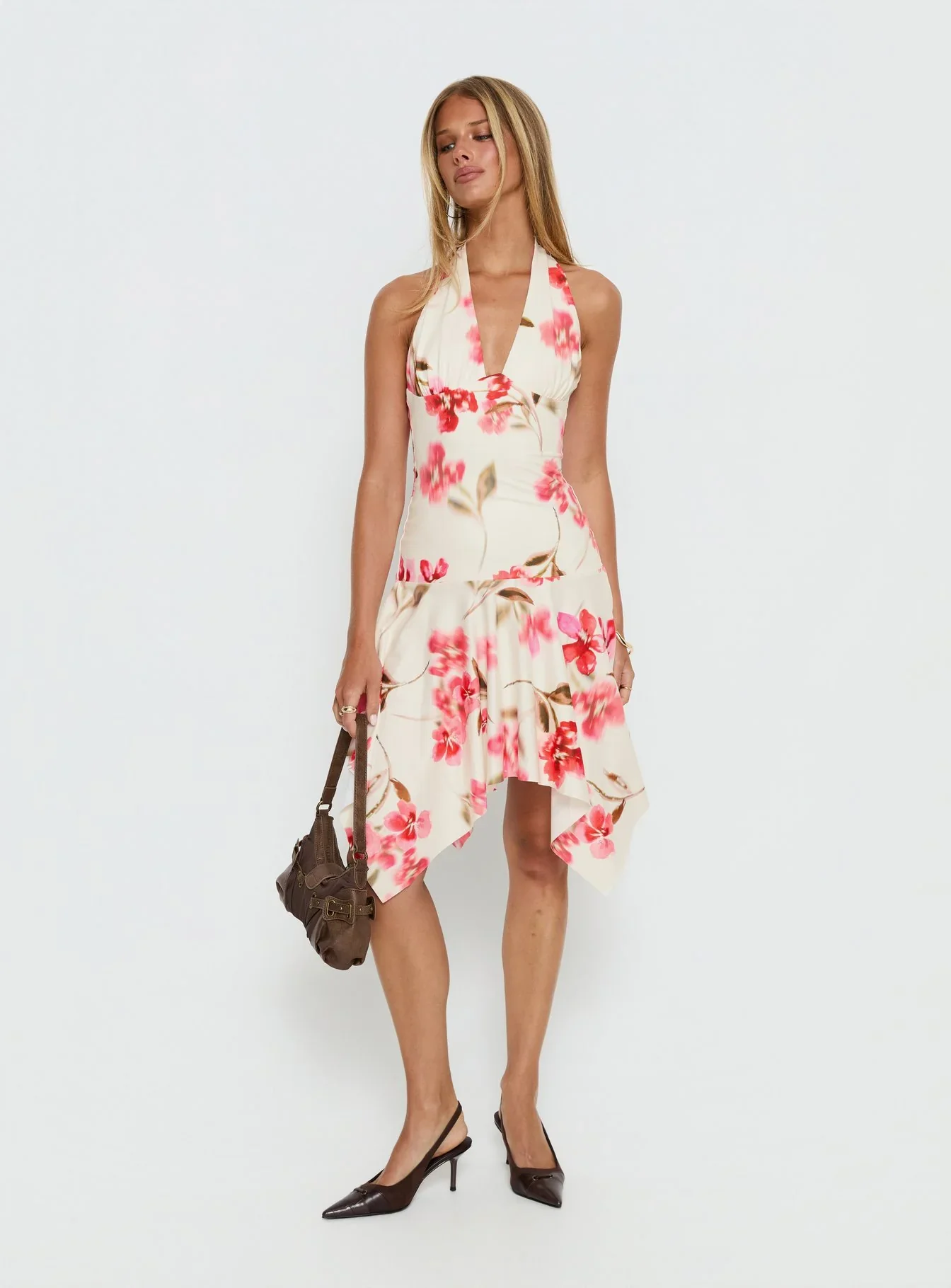 Loreza Halter Asymmetrical Midi Dress Cream Floral