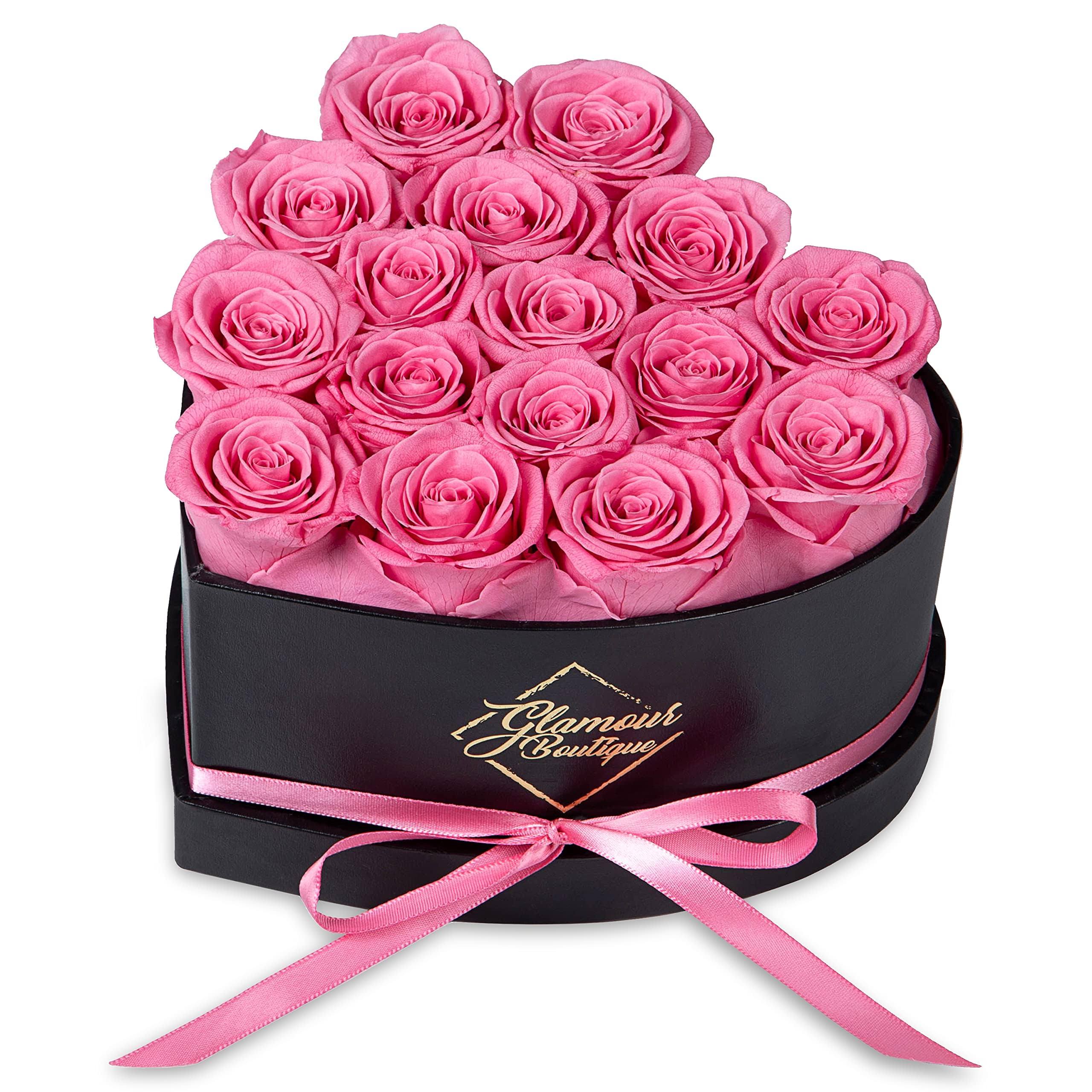 Glamour Boutique 16-Piece Forever Flowers Heart Shape Box - Preserved Roses, Immortal Roses That Last A Year - Eternal Rose Preserved Flowers for