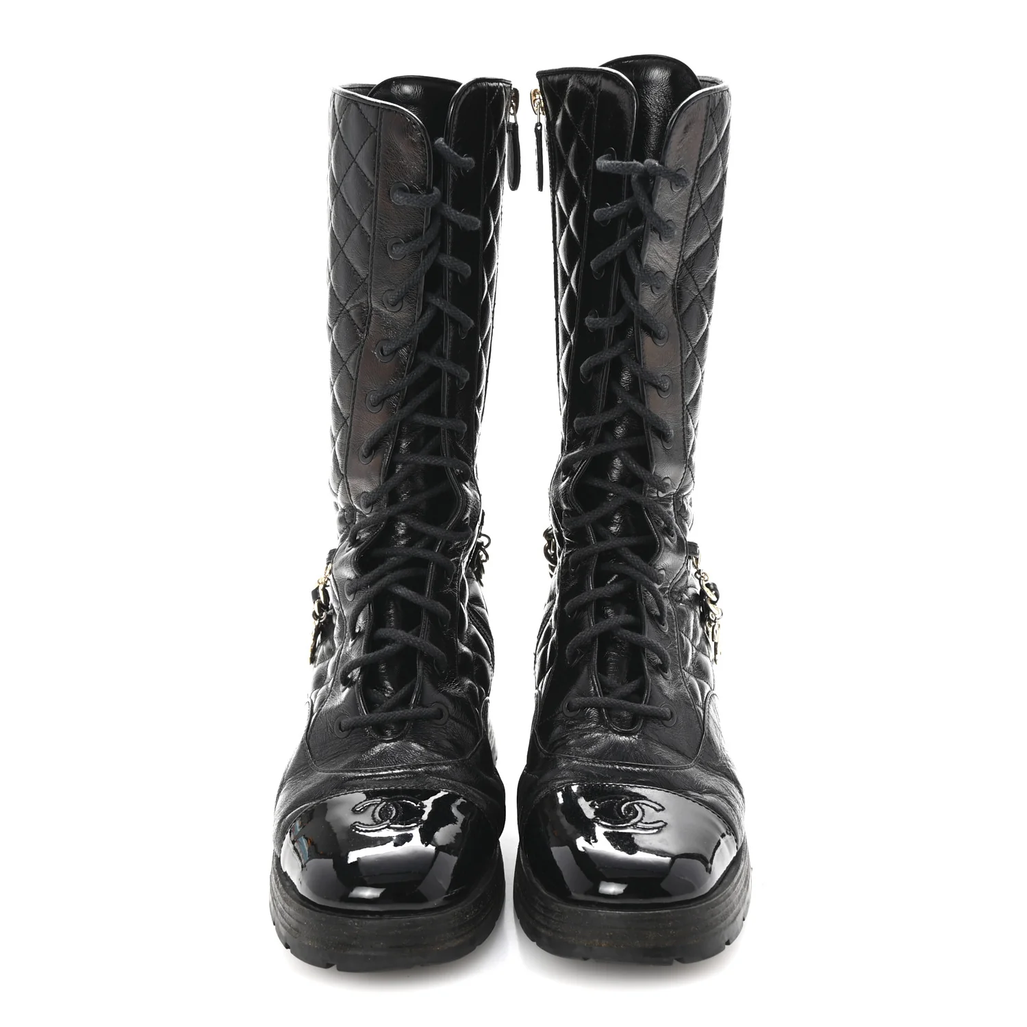 Shiny Calfskin Patent Quilted Chain Lace Up Combat Long Boots 38.5 Black