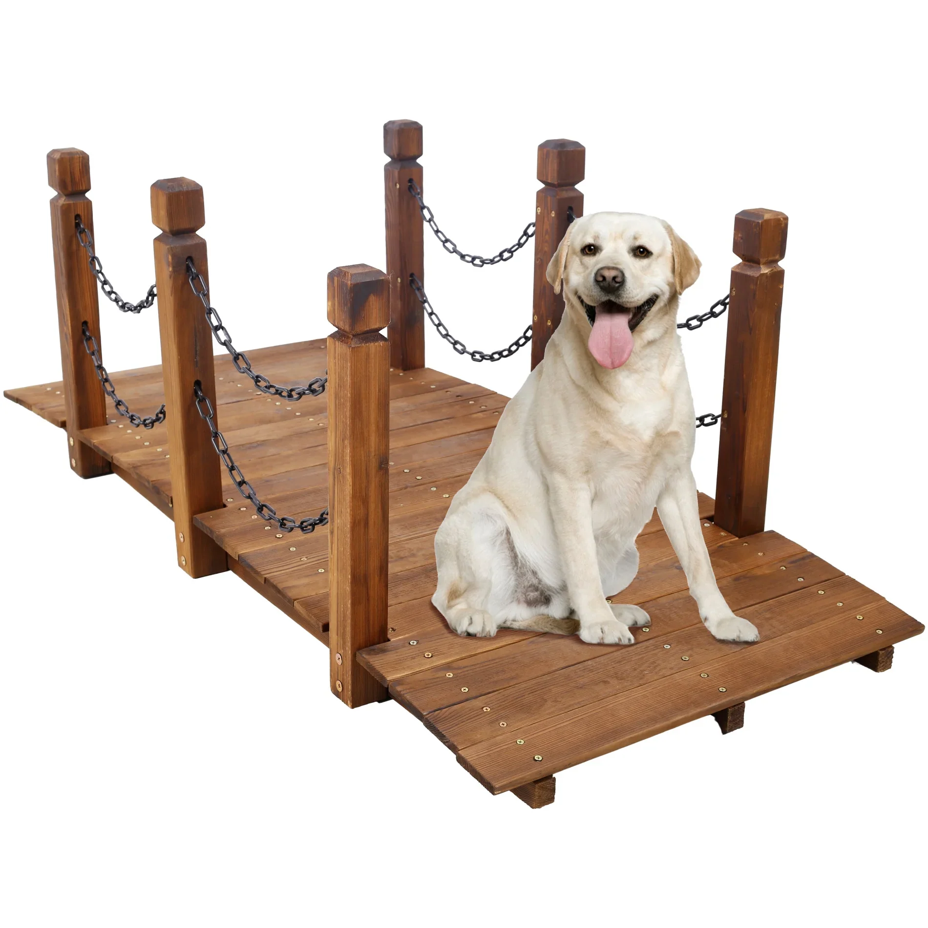 5 FT Wooden Garden Bridge, Stained Brown Arc Design with Chain Railings for Backyard Creek & Pond, 400 LB Weight Capacity, Easy Assembly Landscape Accent