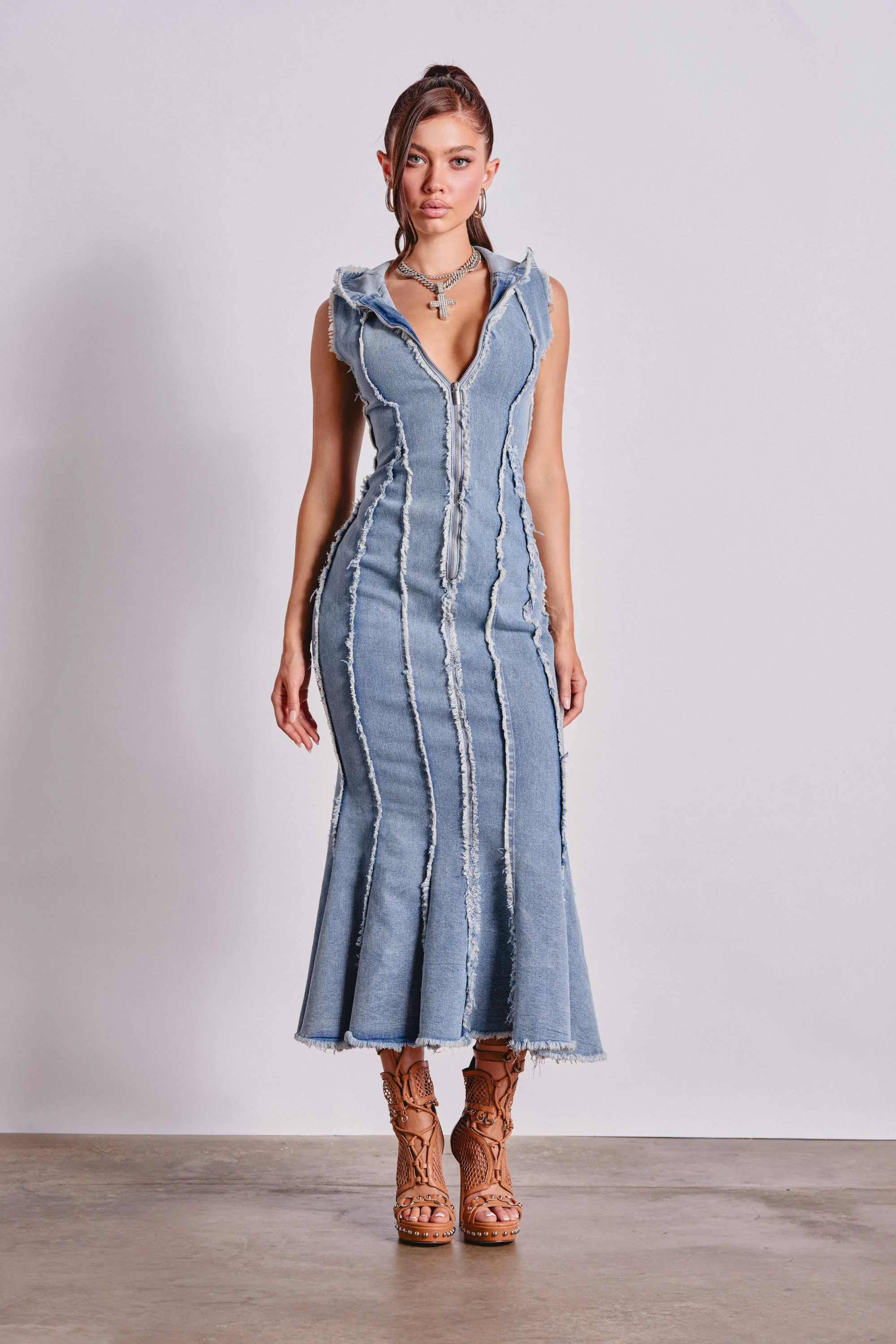 CATCH MY SWAG DENIM HOODED MAXI DRESS - Akira Store