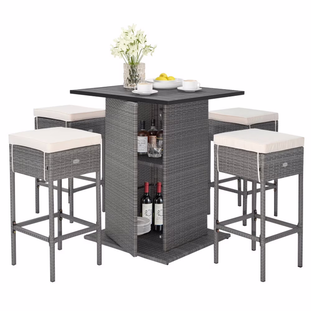 Spaco 5 Pieces Outdoor Wicker Bar Table Set of A Bar Table and 4 Cushioned Bar Stools, Table Set with Hidden Storage Shelves, Bar Table Set for Outdoor as Garden, Patio, White