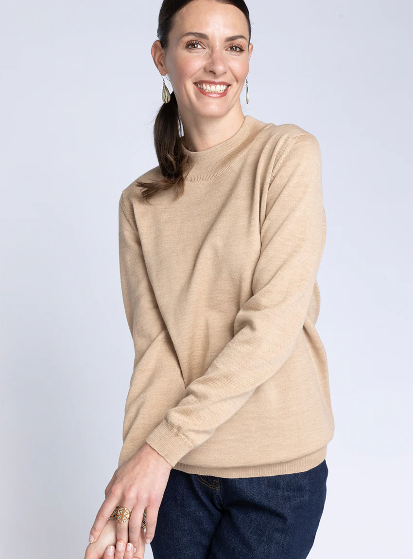 Pull femme col cheminée laine mérinos beige chaud