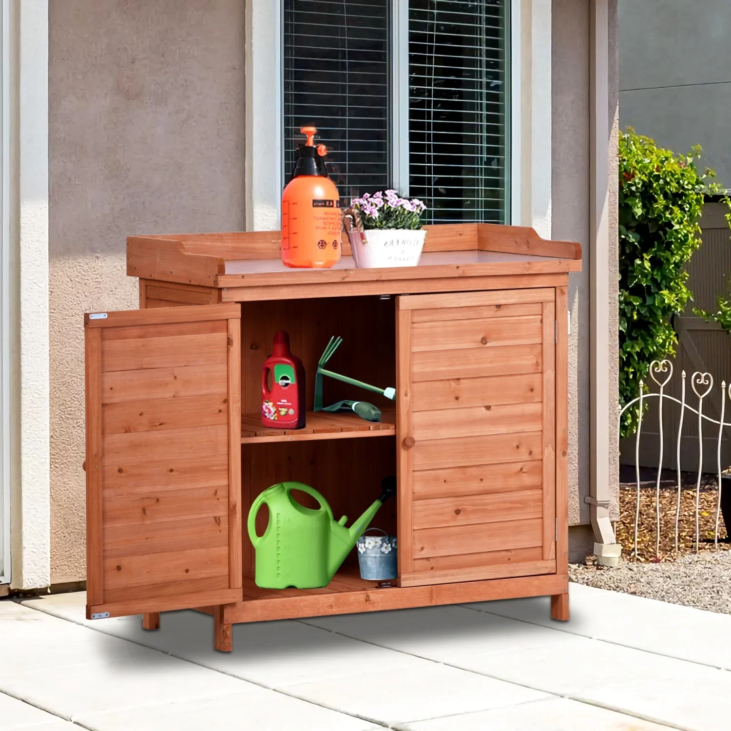 Outdoor 39 Potting Bench Table, Rustic Garden Wood Workstation with 2-Tier Shelves and Side Hooks, Orange