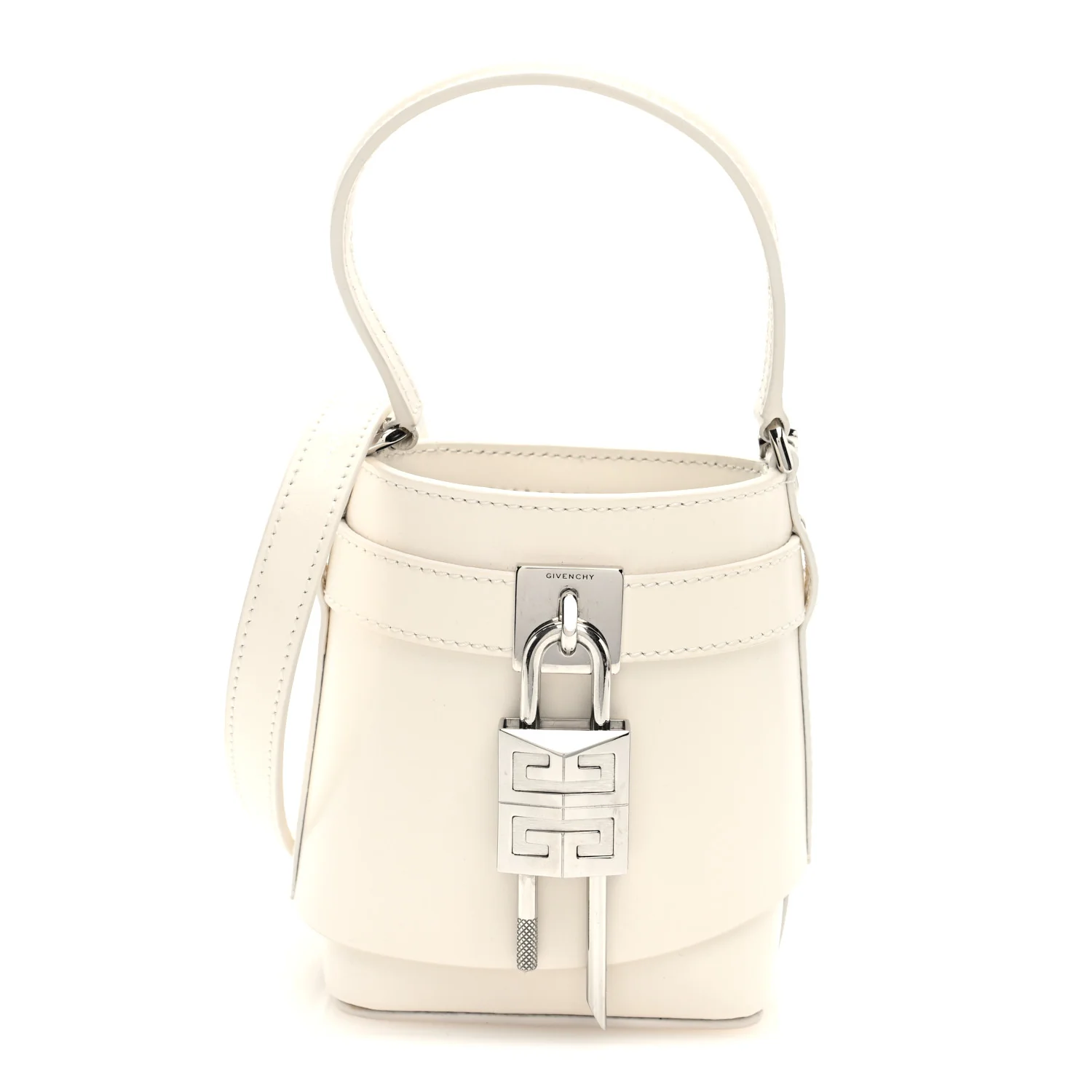 Box Calfskin Micro Shark Lock Bucket Bag White