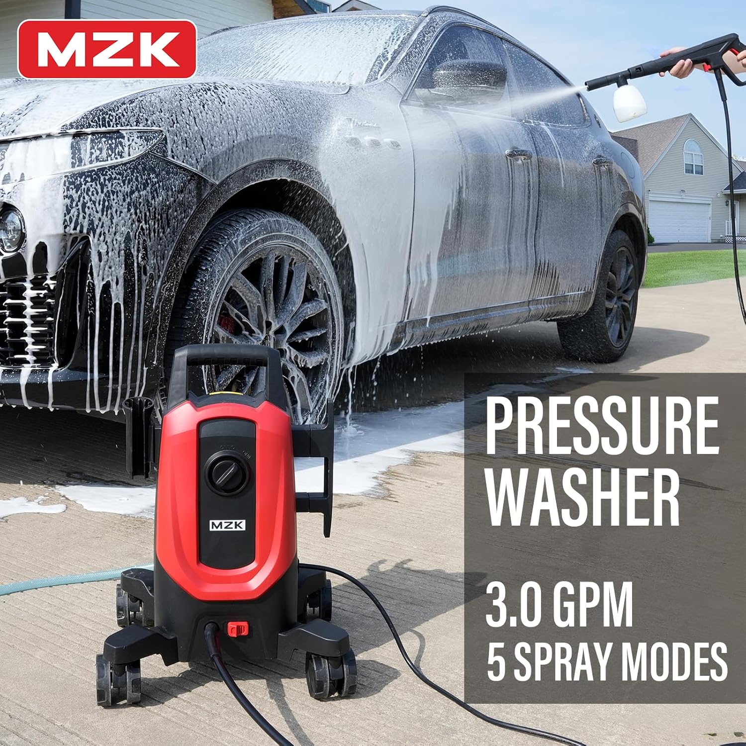 Nettoyeur haute pression électrique MZK avec buse à connexion rapide 360° et canon à mousse remplaçable