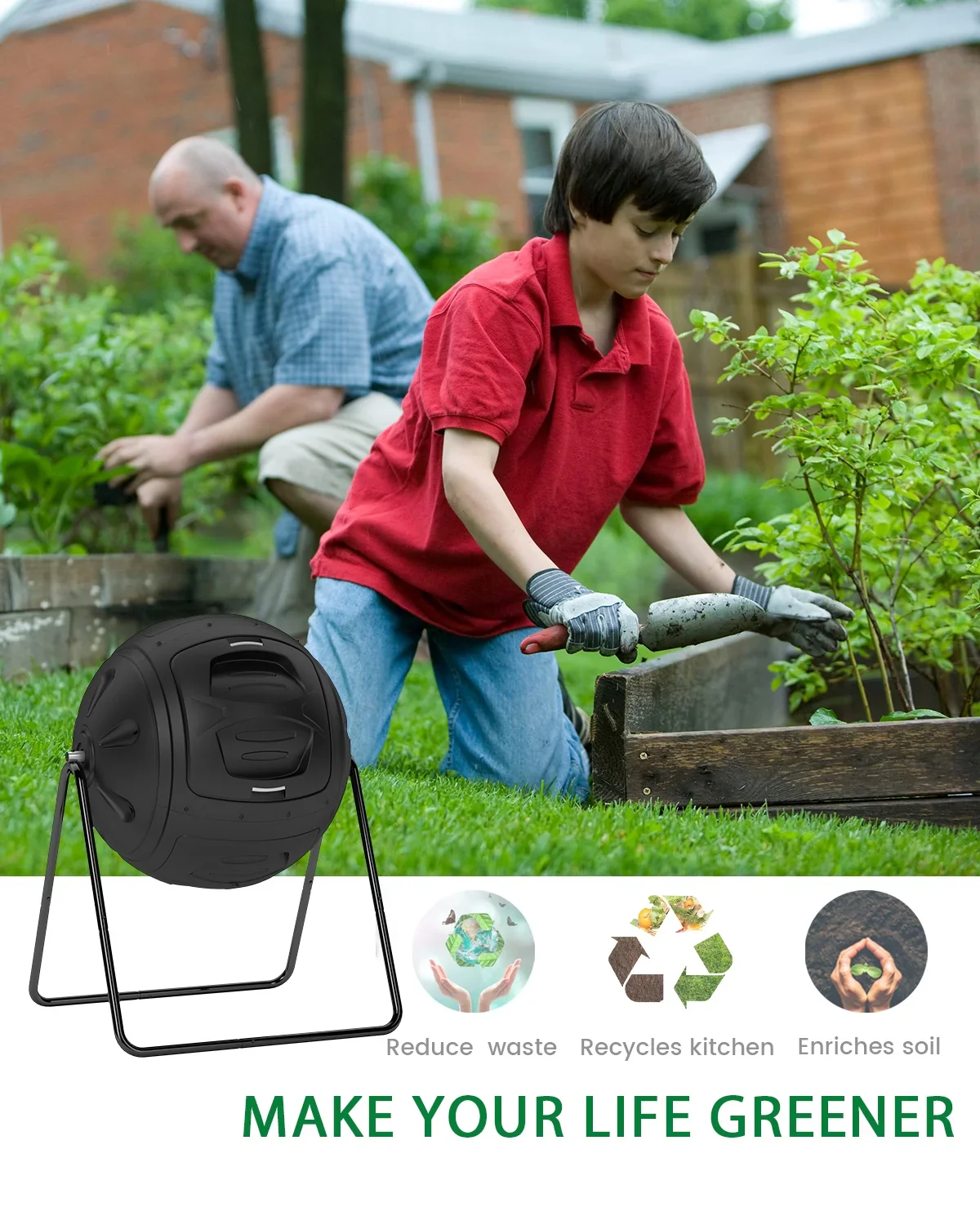 EJWOX Multifunction Gardening Tumbling Composter, Heavy-Duty Fast-Working Compost Bin with Easy-to-use Drain Plugs to Collect Liquid,Black 35 Gallon