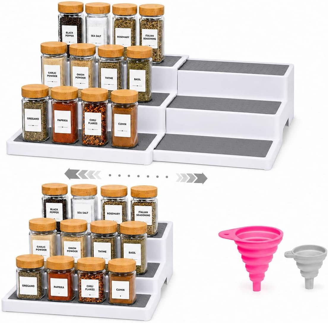 Pack of 2, Expandable 3-Tier Spice Rack Organizer for Cabinet and Kitchen Pantry Shelf - Non-Slip Shelves for Spices, Seasonings, Canned Food, Medicine Cabinet Organizer - Includes Silicone Funnels