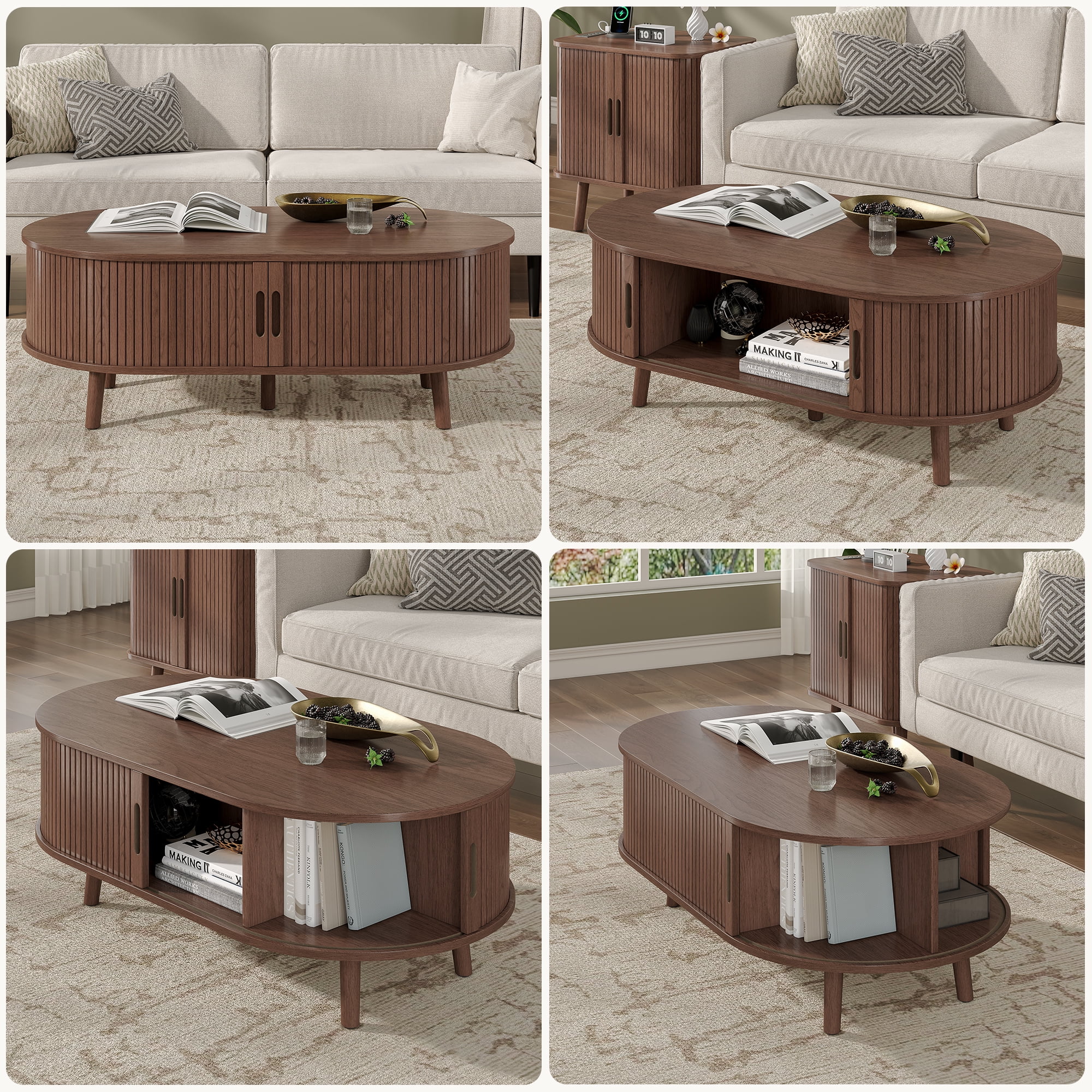 Oval Coffee Table, 42.5" Drum Coffee Table with Sliding Tambour Door, Fluted Accent Center Table with Storage, Mid Century Modern Coffee Table for Living Room, Center Table Walnut - Image 5