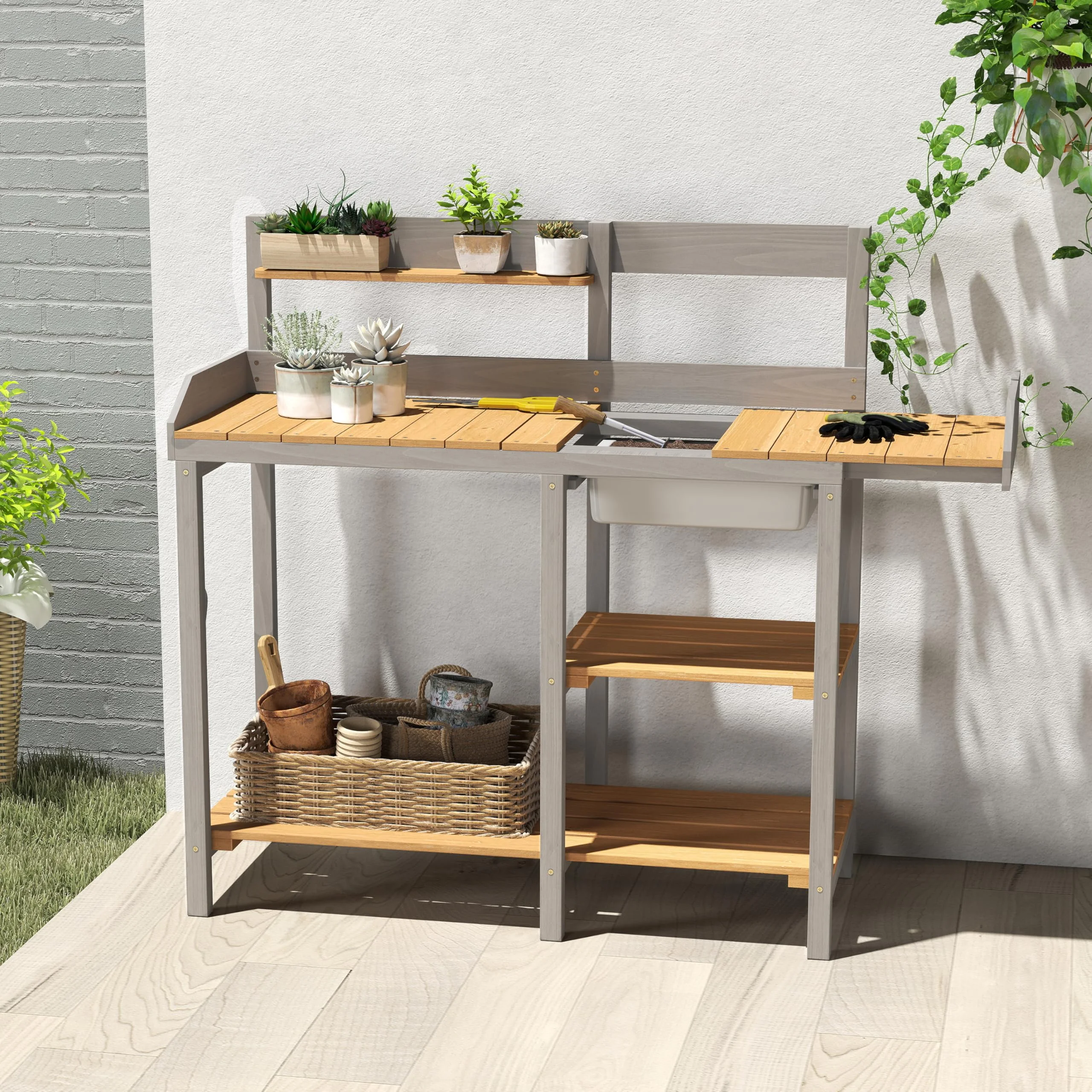 Wooden Potting Bench Table with Sink, Outdoor Garden Table Work Bench with Shelf, Workstation for Outside Patio Lawn