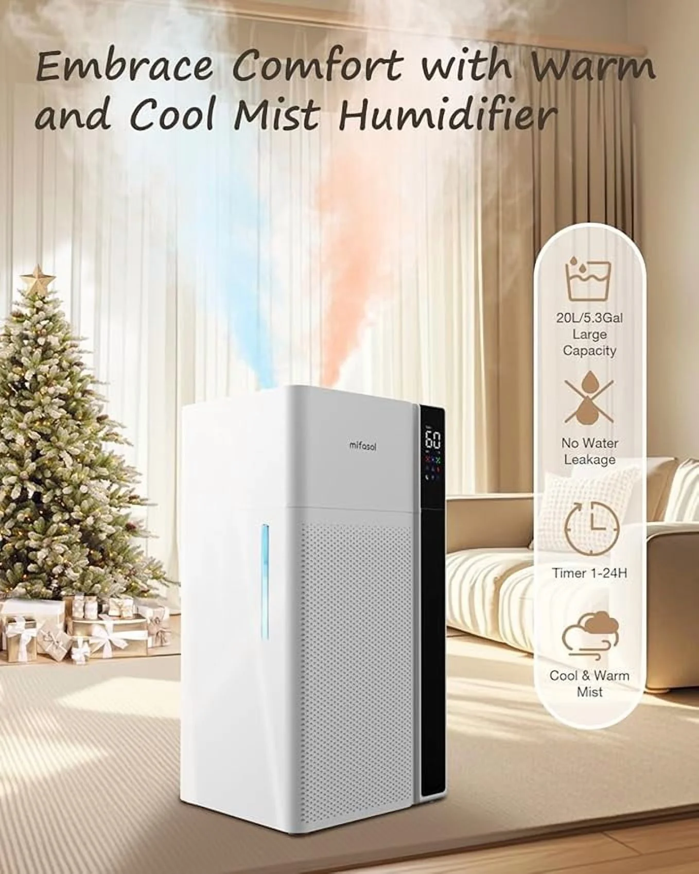 Warm and Cool Mist Humidifier Large Room, 5.3Gal/20L Whole House Humidifiers for Home, Top Fill, Black(Black/19.97 in/5.3 gal) - Image 10