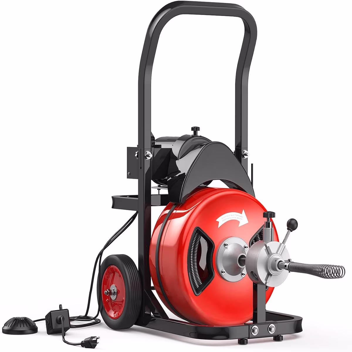 75 FTx1/2 Inch Drain Cleaning Machine, Auto Feed Sewer Snake Drill with Wheels, Pipe Spiral Cleaner with 4 Cutters and Pneumatic Foot Switch, for 2" to 4" Pipes(75Ft x 1/2) - Image 5