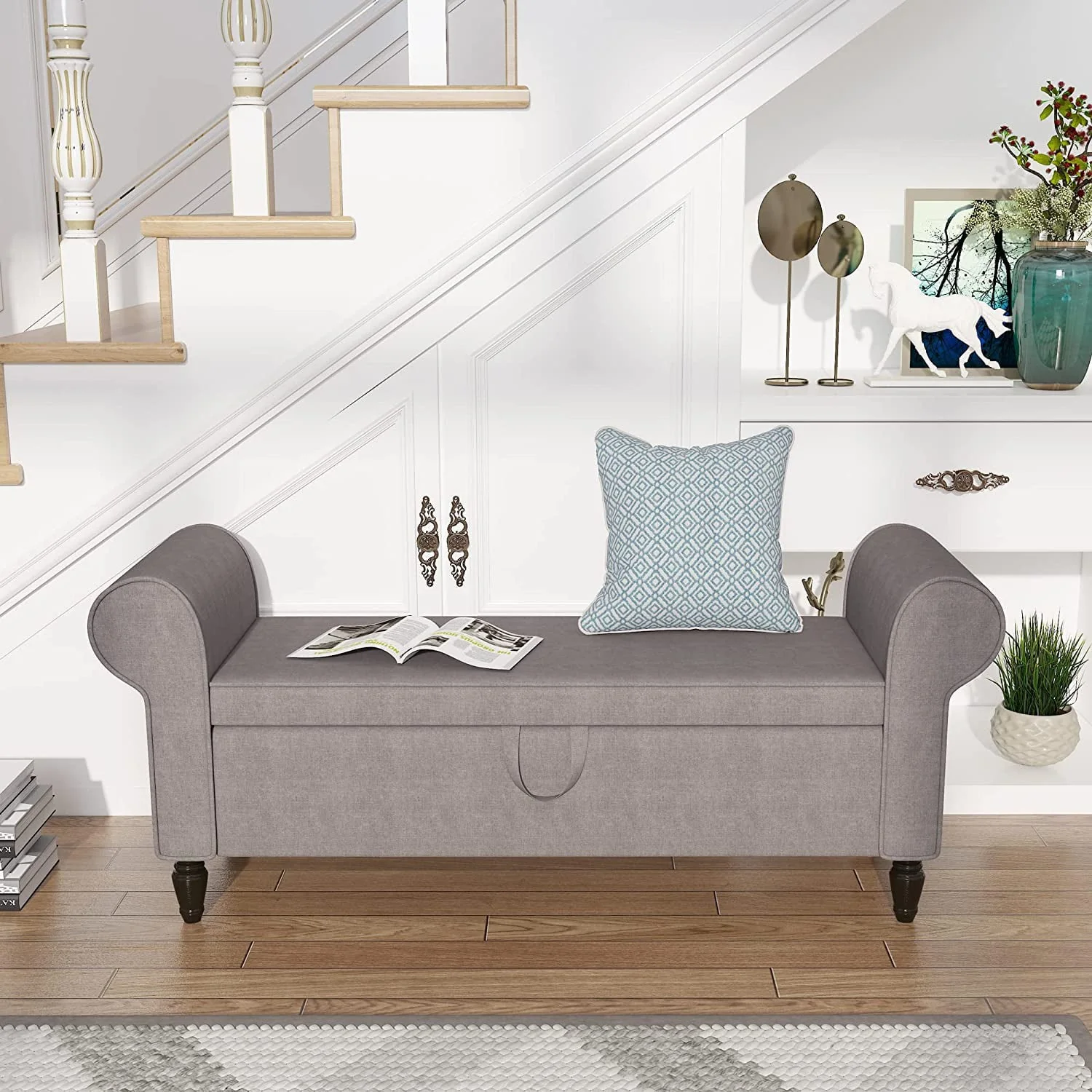 Storage Bench with Arms Upholstered Bench Settee for Bedroom Living Room Gray(Gray) Image 2