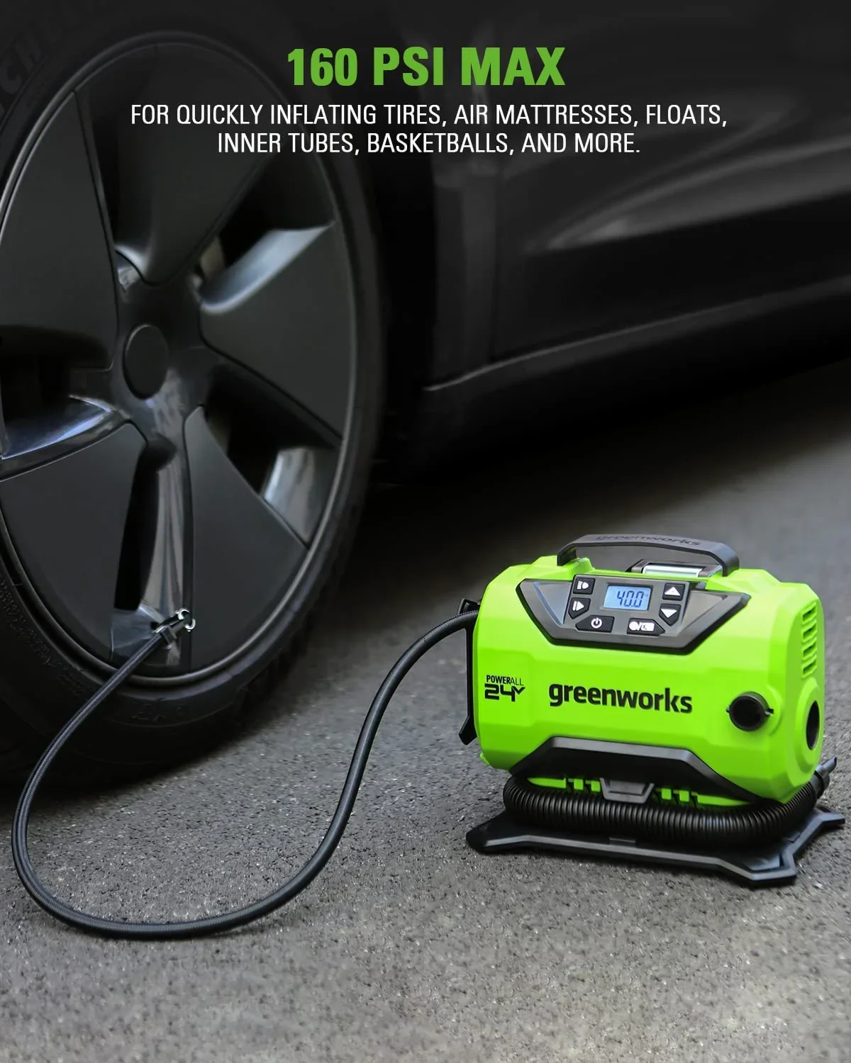 Greenworks 24V (12V/24V) Inflator Pump with 2Ah USB Battery & Charger 3401602