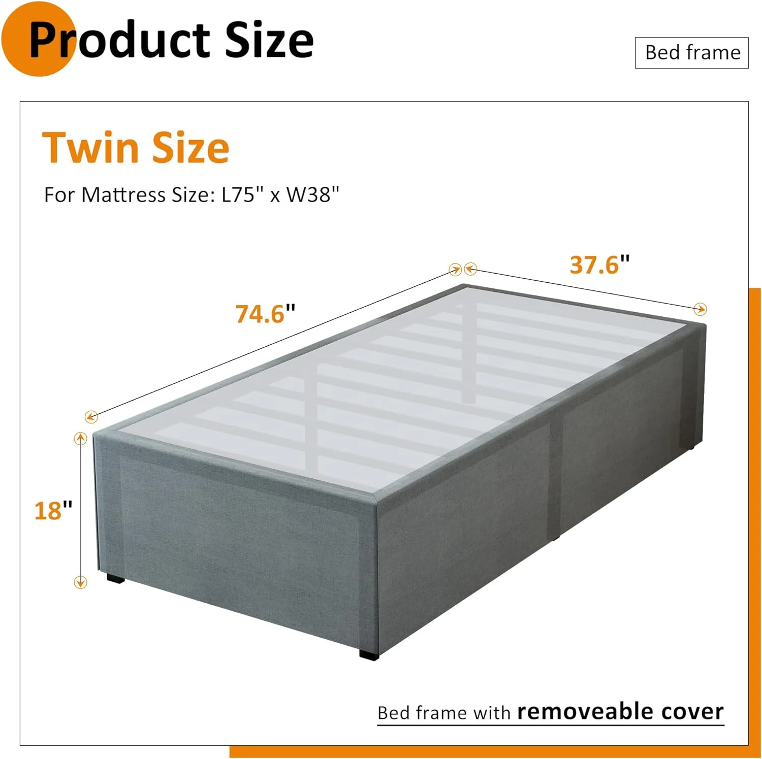 18 in Twin XL Bed Frames with Fabric Cover, Heavy Duty Metal Twin XL Platform Bed Frame, No Box Spring Needed, Support up to 2500 lb, Easy Assembly, Noise Free, Black