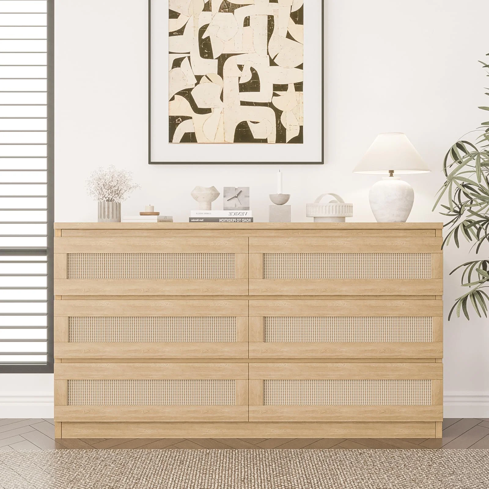 Rattan Dresser for Bedroom 6 Drawer, Double Dresser with Anti-Tip Kit, Wood Storage Wide Chest of Drawers for Bedroom, Living Room, Hallway, Oak Color(6 Drawer/Natural) - Image 5
