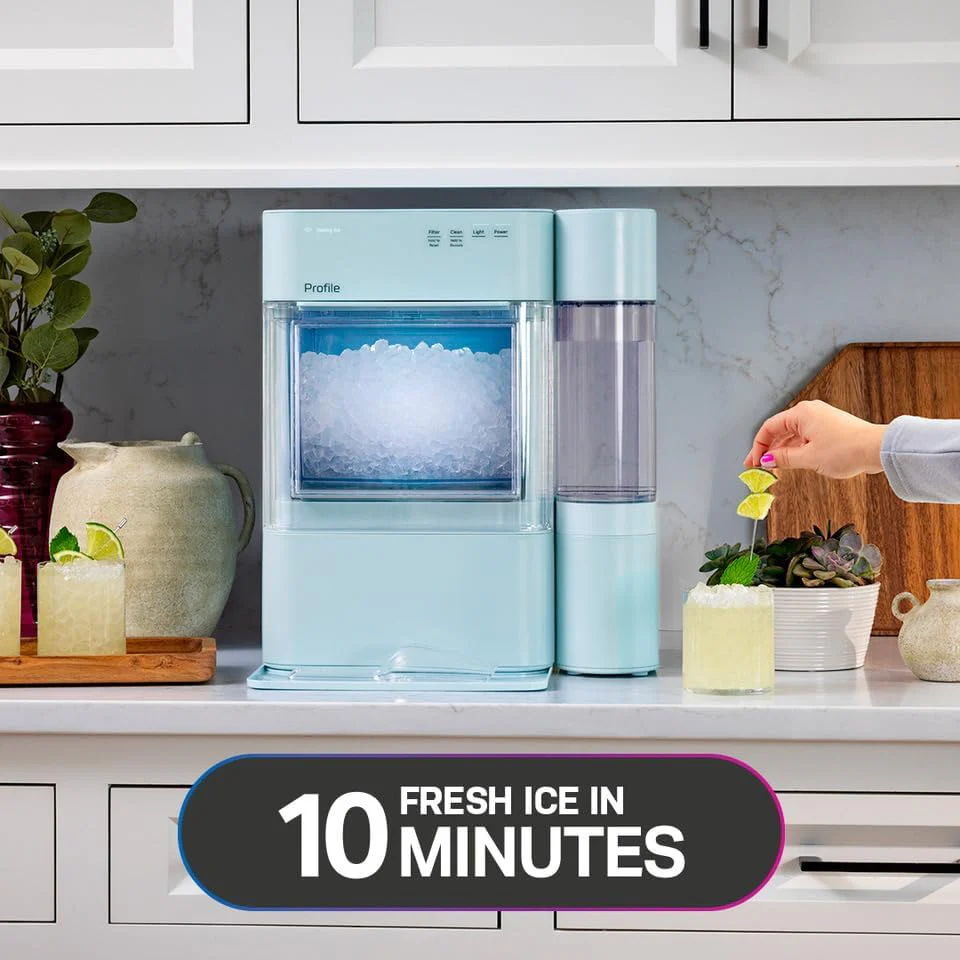 Machine à glaçons GE Profile Opal 2.0 XL avec réservoir de 3,8 litres, glaçons en pépites croquants et faciles à mâcher, pelle incluse, 17 kg en 24 heures, avec Wi-Fi et fonctionnalités intelligentes, en acier inoxydable.